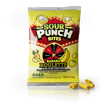 Front of Sour Punch Banana Candy Roulette Bites 5oz Bag