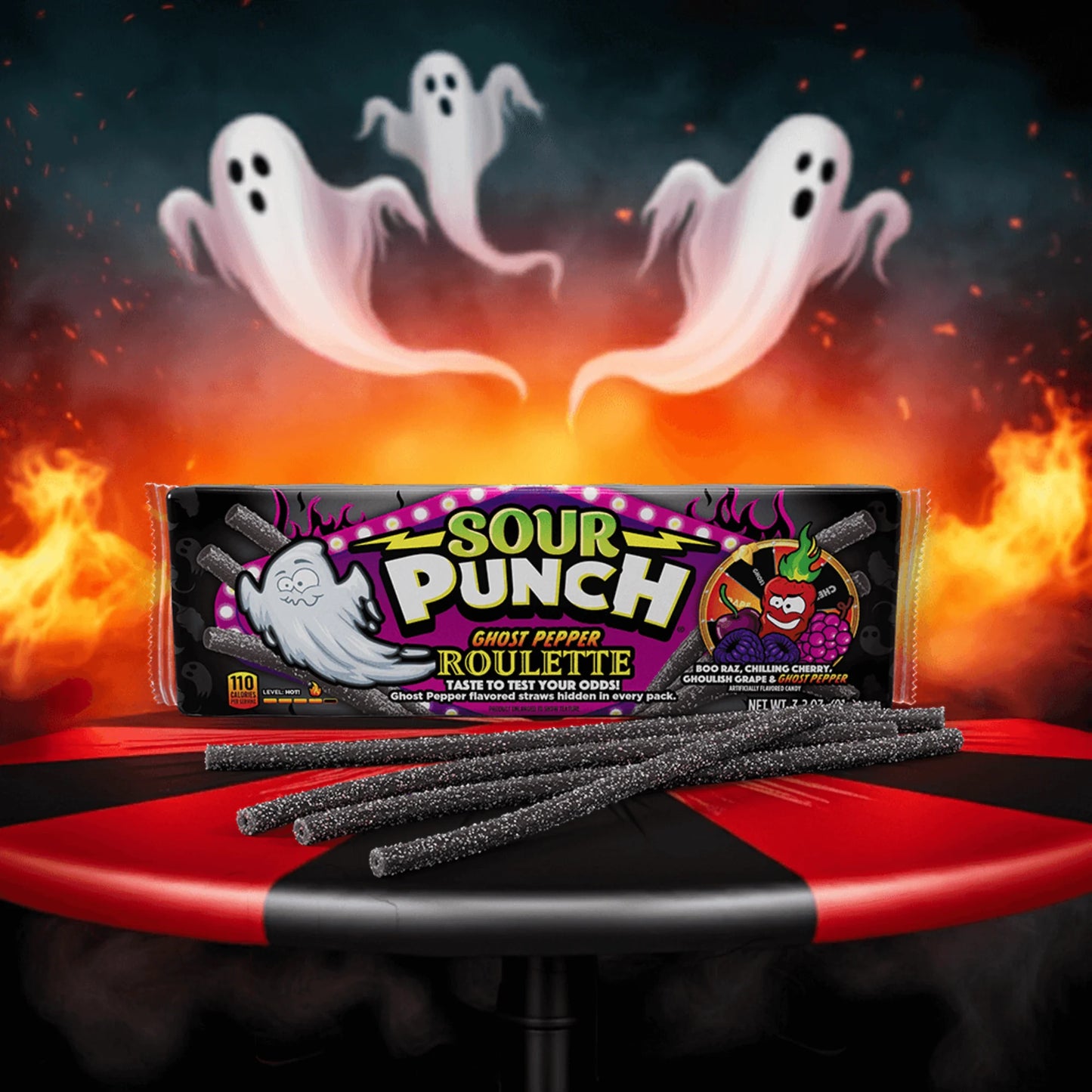 Sour Punch Ghost Pepper Roulette Novelty candy Tray surrounded by flames and ghosts