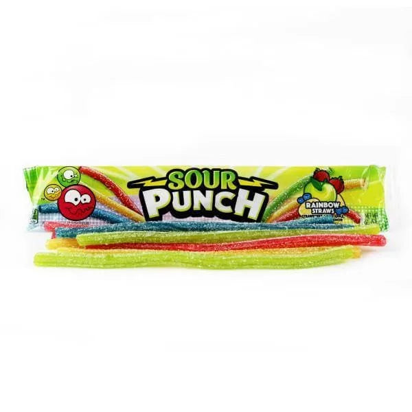 Sour Punch Rainbow Candy Straws 2oz Tray with raw candy out of pack
