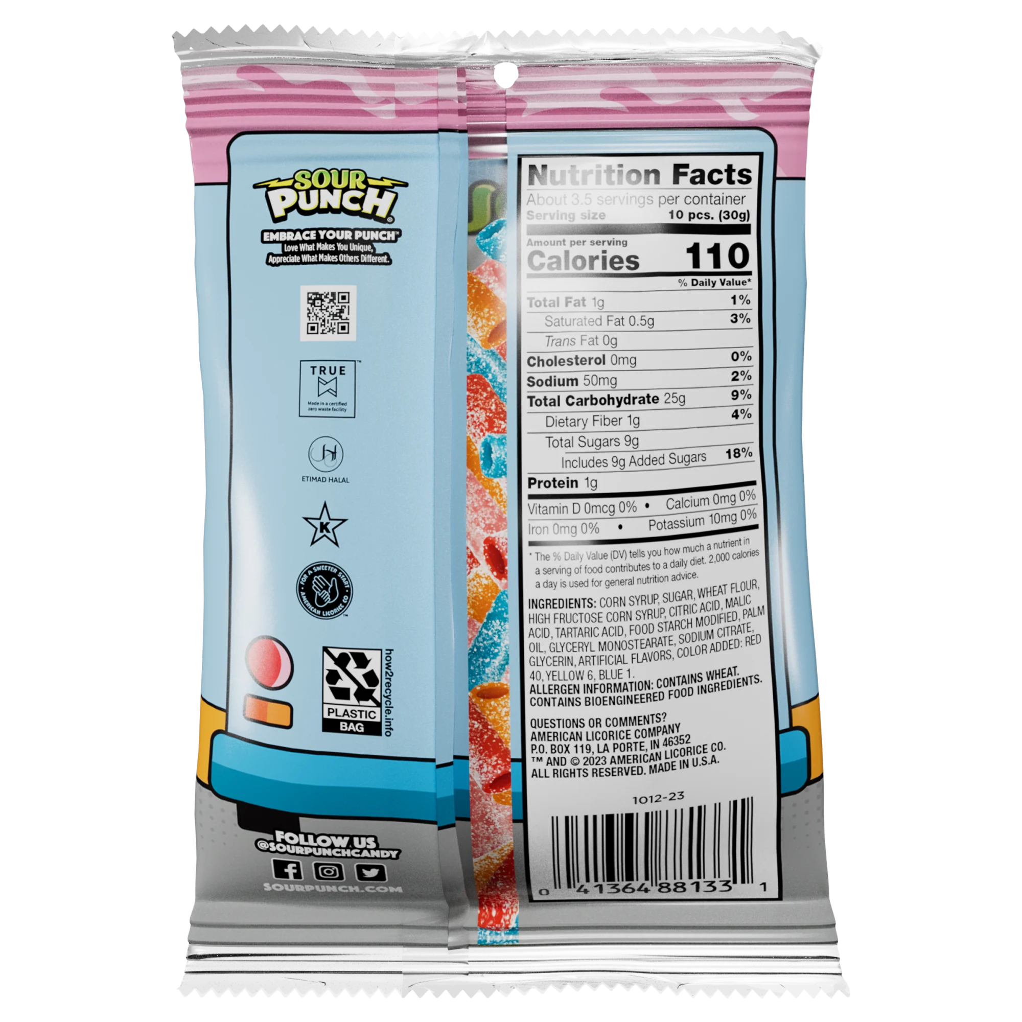 Back of Sour Punch Bites Ice Cream Truck flavored candy in a 3.7oz bag with a nutritional facts label