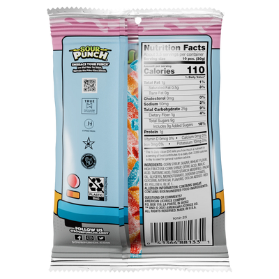 Back of Sour Punch Bites Ice Cream Truck flavored candy in a 3.7oz bag with a nutritional facts label