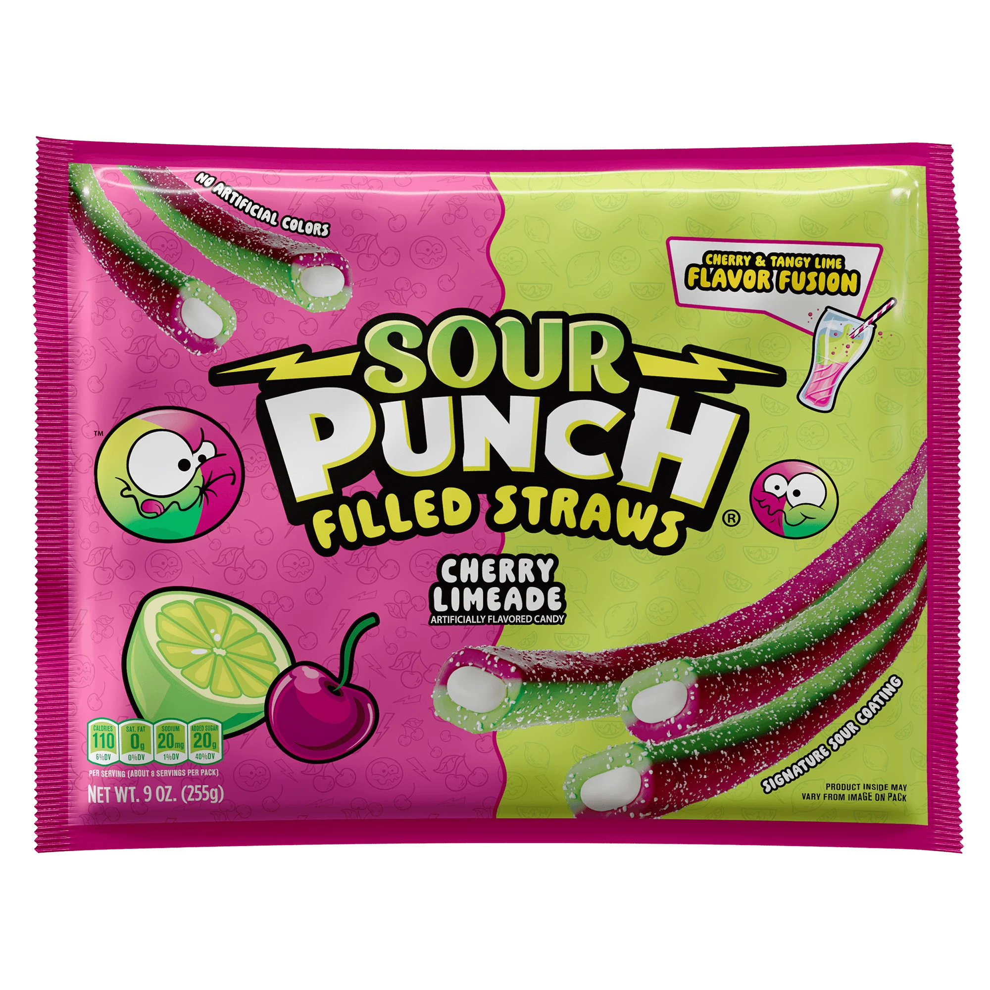 Front of Sour Punch Cherry Limeade Filled Candy Straws 9oz Bag