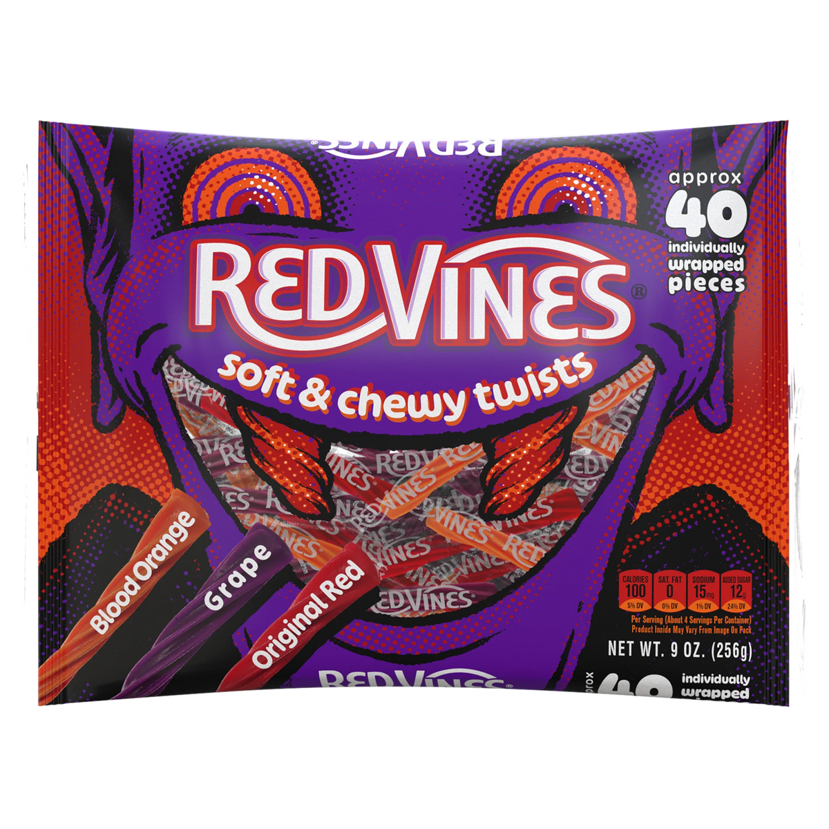 Front of Red Vines Individually Wrapped Halloween Candy Twists 9oz Bag