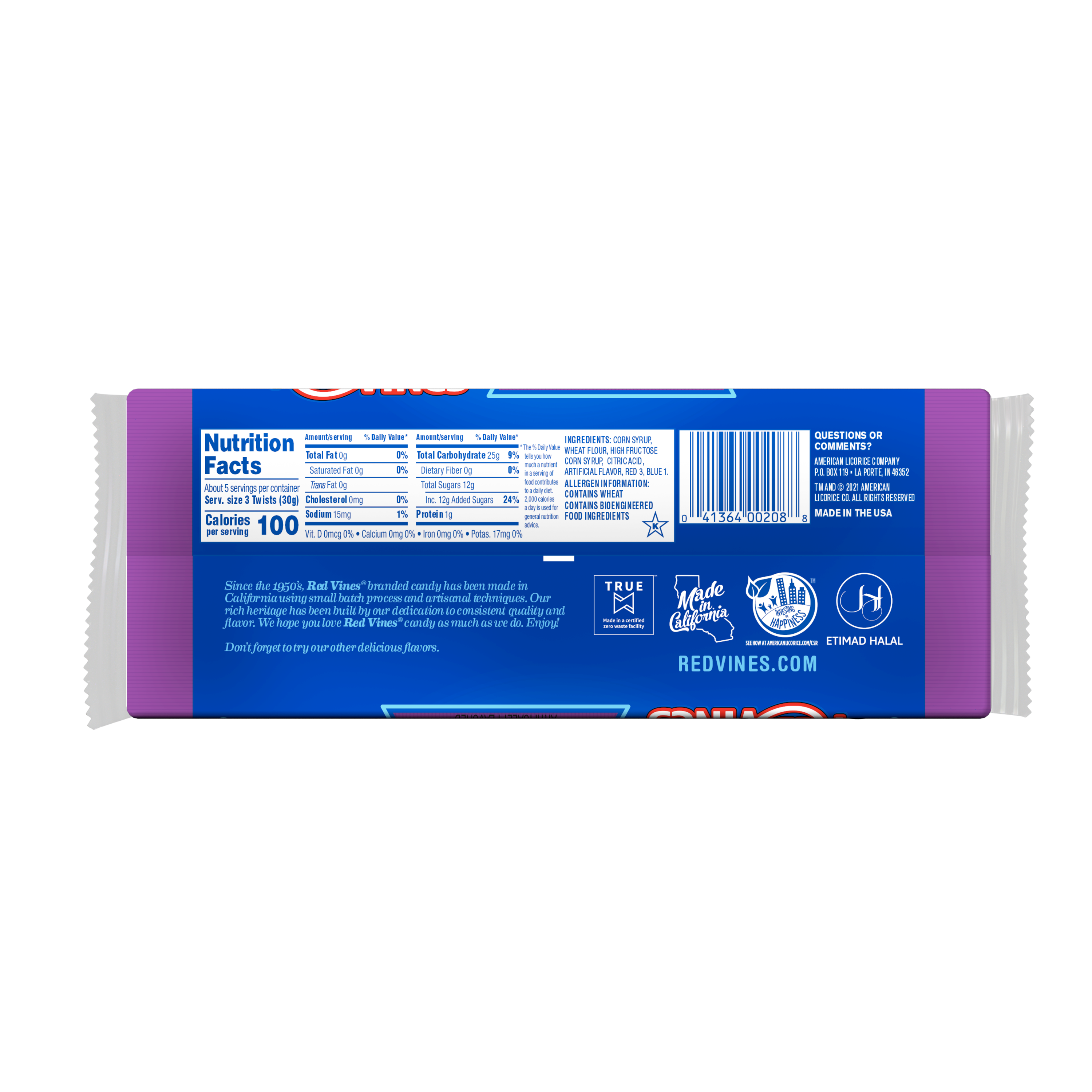 Back of RED VINES Grape Licorice Twists 5oz tray