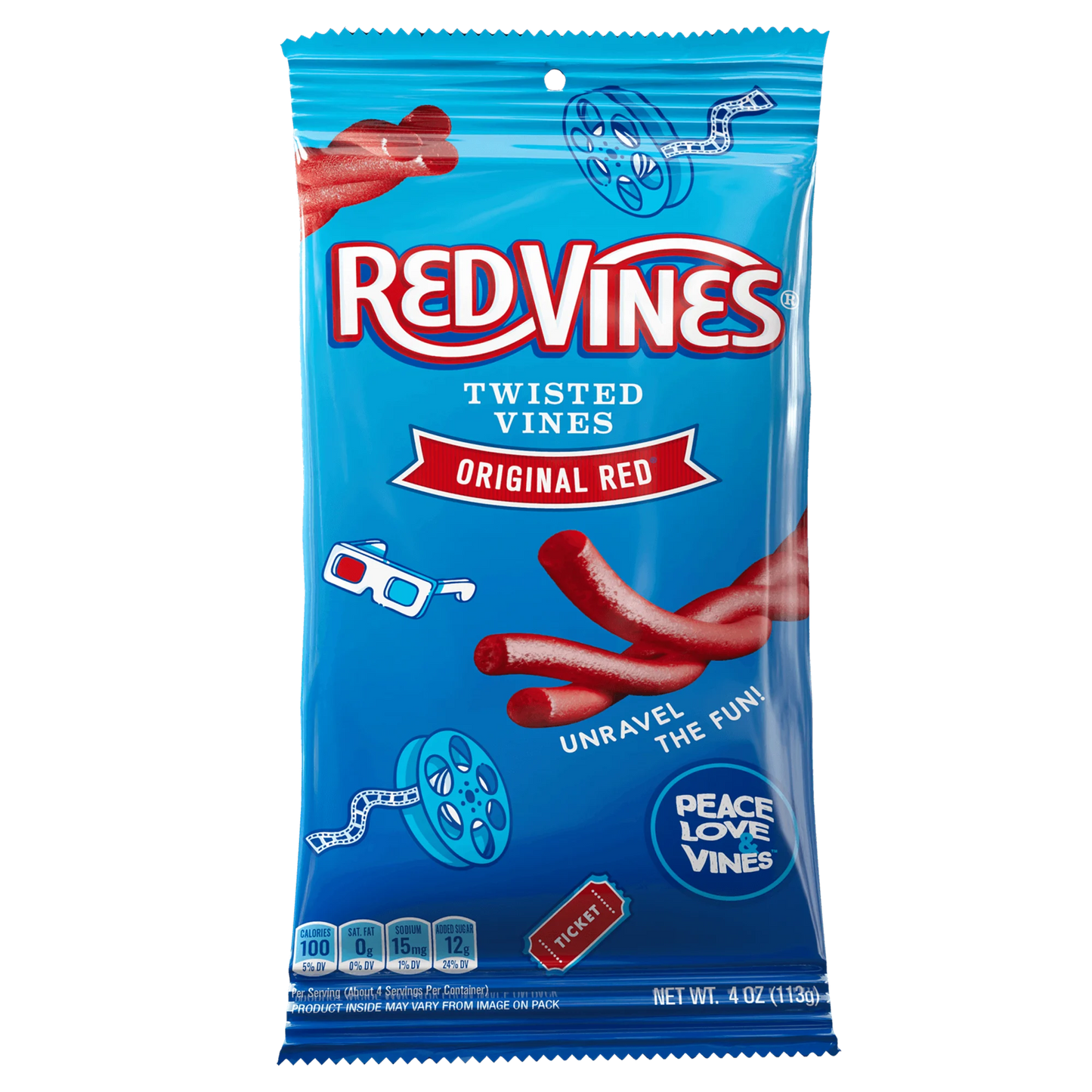 Front of Red Vines Original Red Twisted Vines 4oz Bag