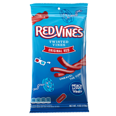 Front of Red Vines Original Red Twisted Vines 4oz Bag