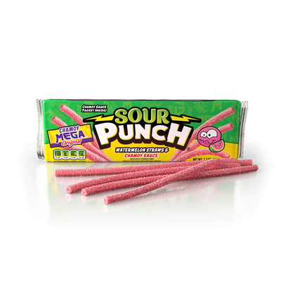 Sour Punch Watermelon Straws with Mega Chamoy Original Sauce 3.2oz Tray with raw watermelon candy straws in front of pack