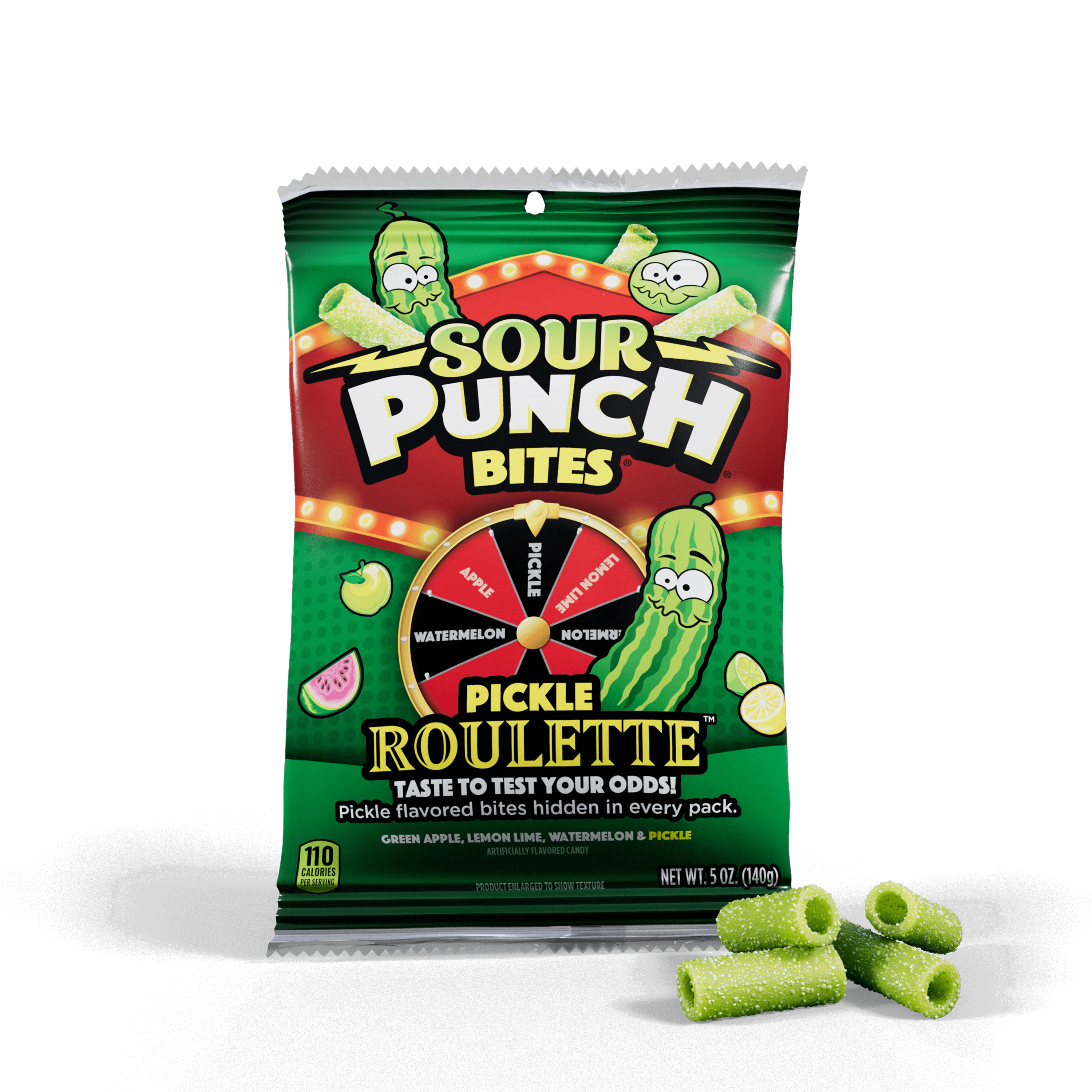 Front of Pack Sour Punch Pickle Roulette with pickle candy bites in front of the bag