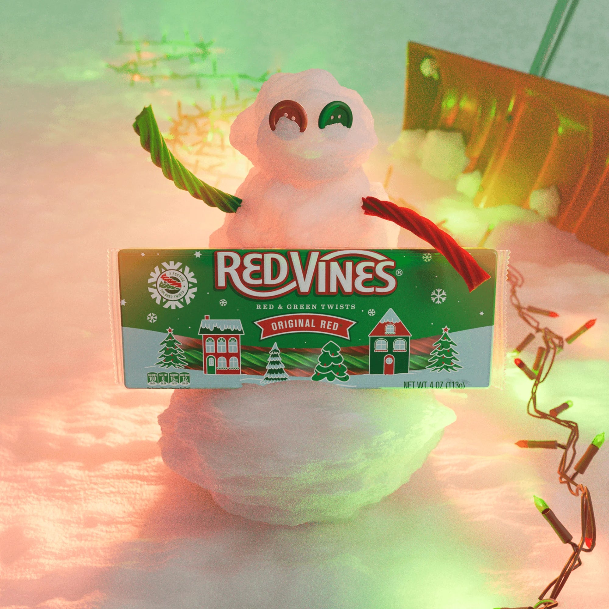 Red Vines Twists holiday package with a snowman and Christmas lights in the background