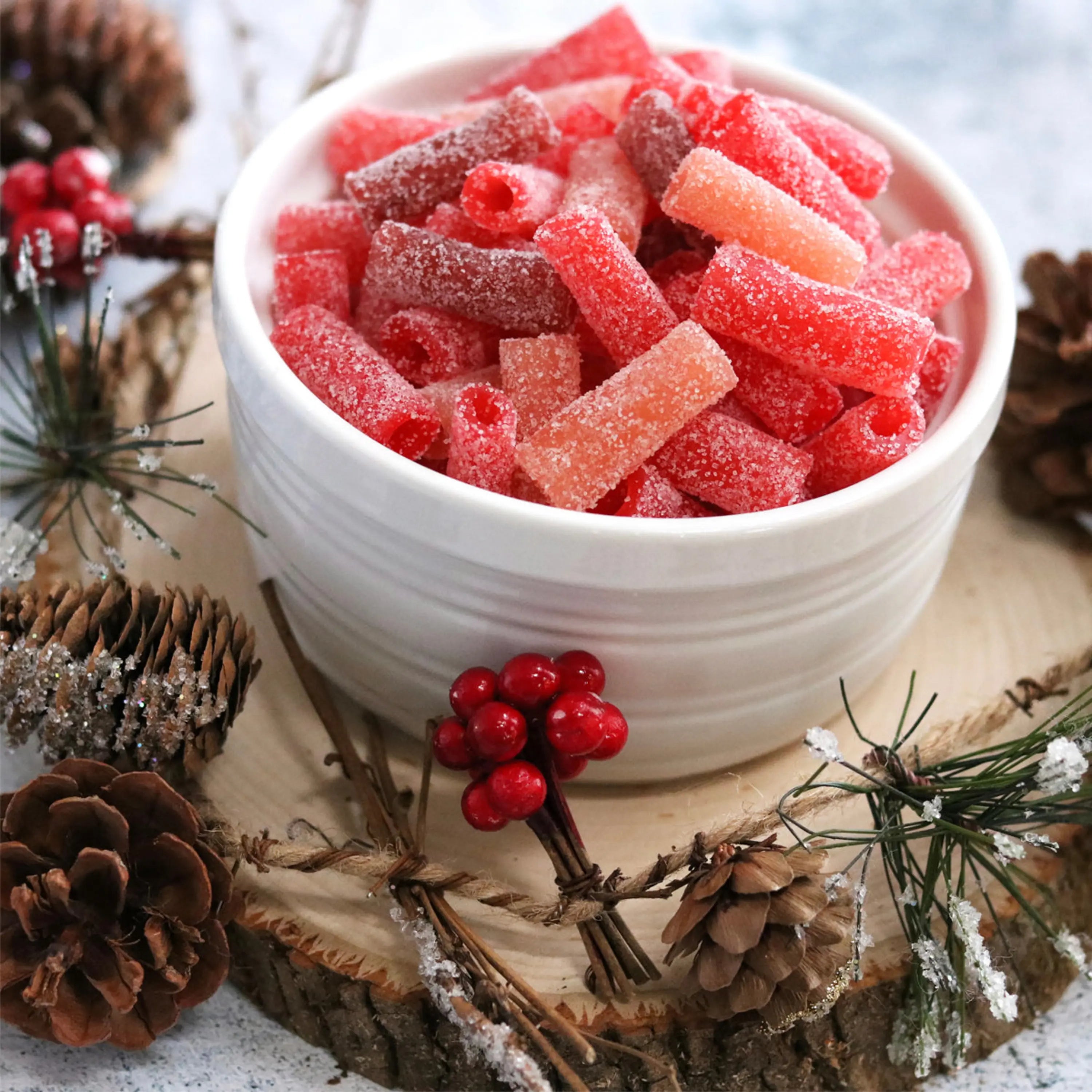 Red Sour candy bites in a festive bowl