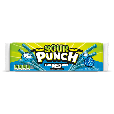 Sour Punch Blue Raspberry Straws Front of Pack - Blue Sour Straws - Blue Raspberry Sour Straws Candy