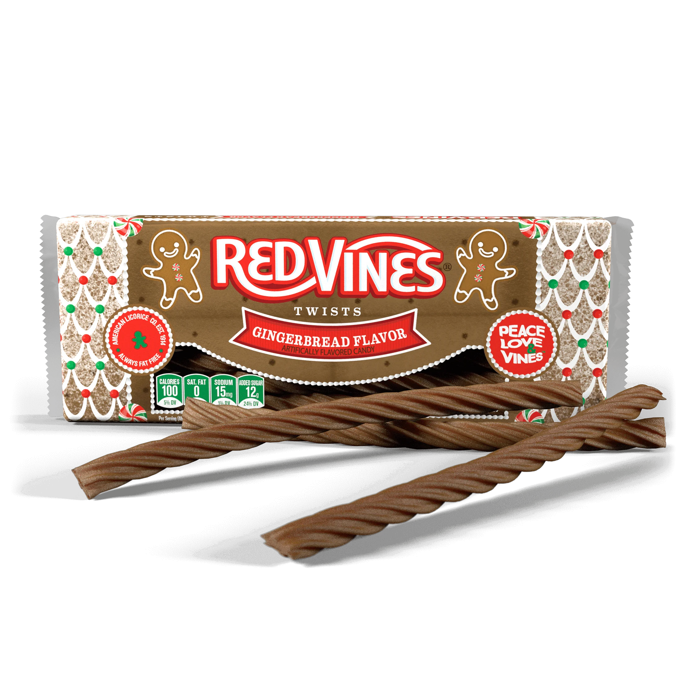 RED VINES Gingerbread flavored licorice twists - raw licorice candy on a festive background