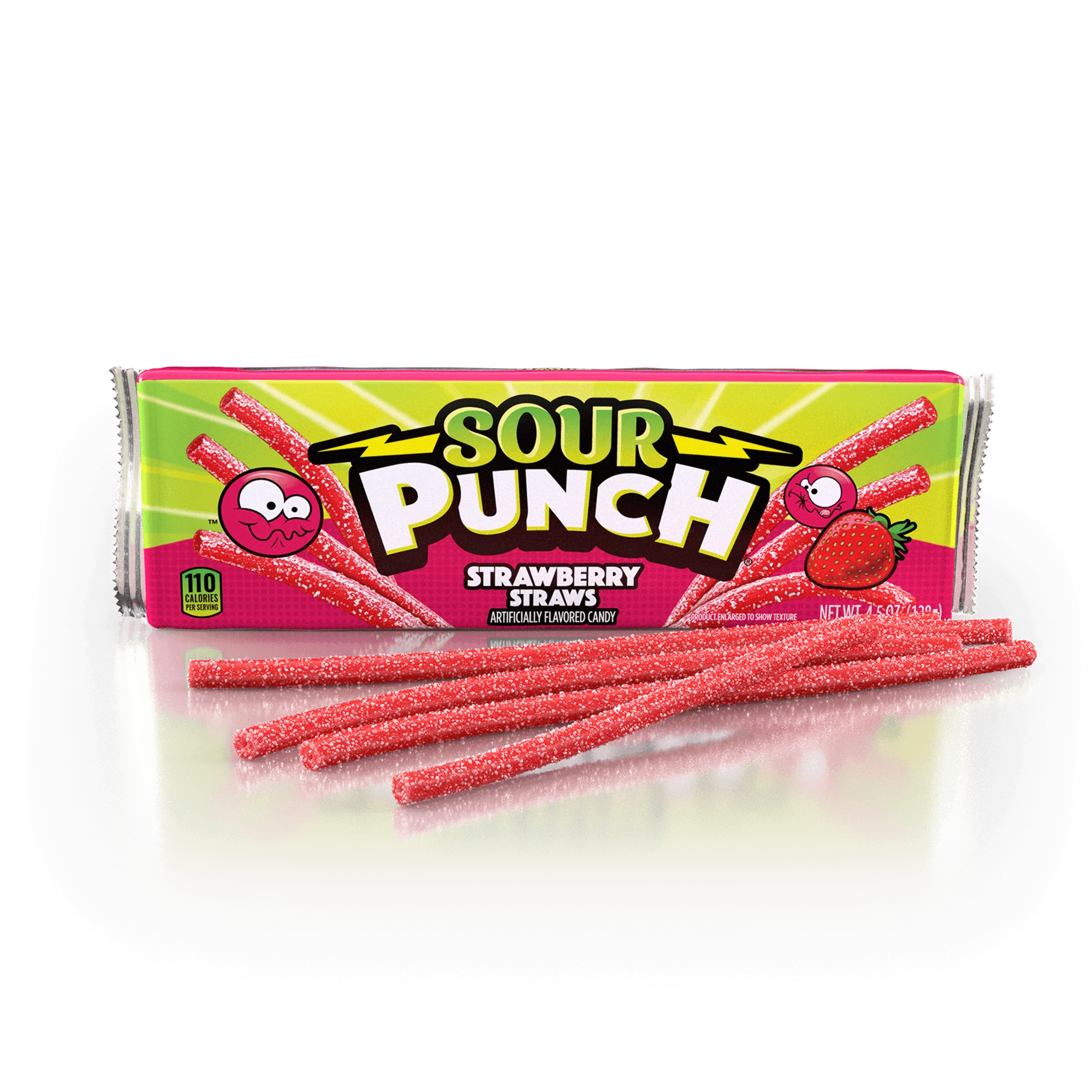 Front of a Sour Punch Straws package with red strawberry flavored sour straw candy in front