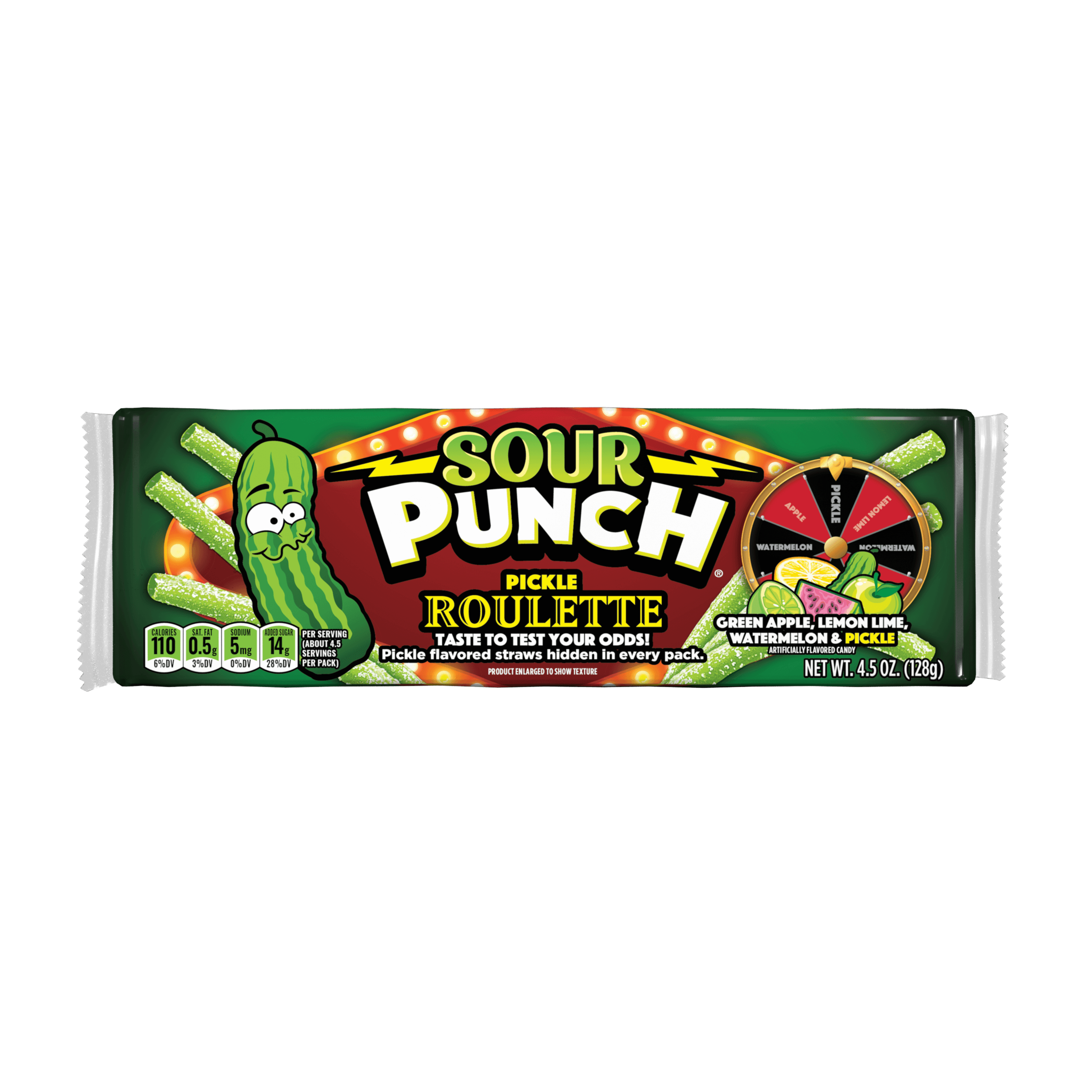 SOUR PUNCH Pickle Roulette Straws Novelty Candy - Pickle Candy - Front of 4.5oz Tray