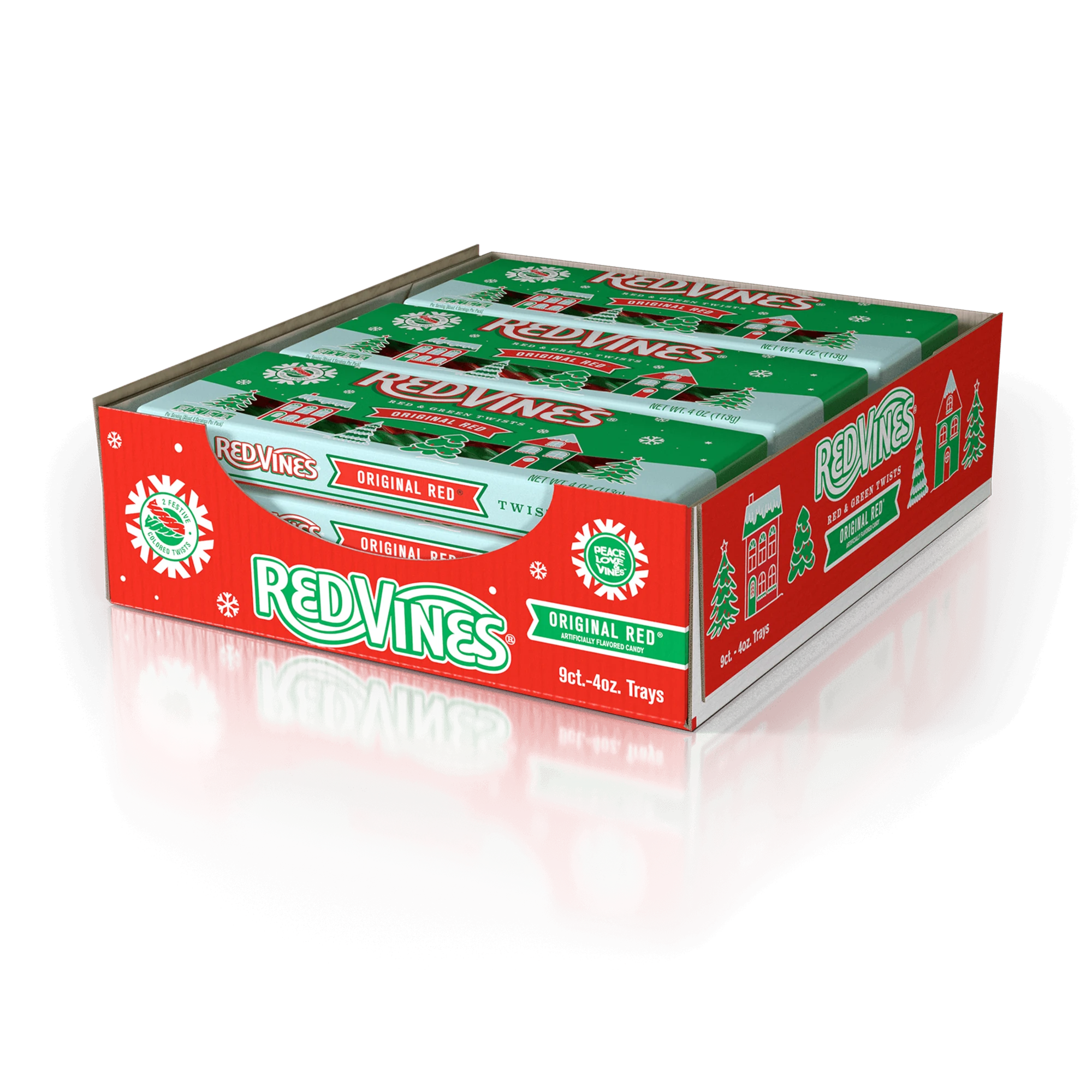 9-Pack Caddy of Red Vines Original Red and Green Licorice Twists Christmas Candy 4oz Trays