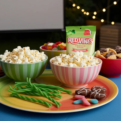 Red Vines Watermelon Twisted Vines on a movie night snack platter with other sweets and salty snacks