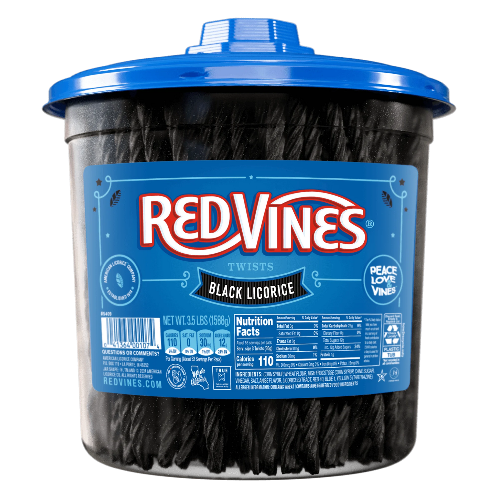 Front of Red Vines Black Licorice 3.5 Pound Jar