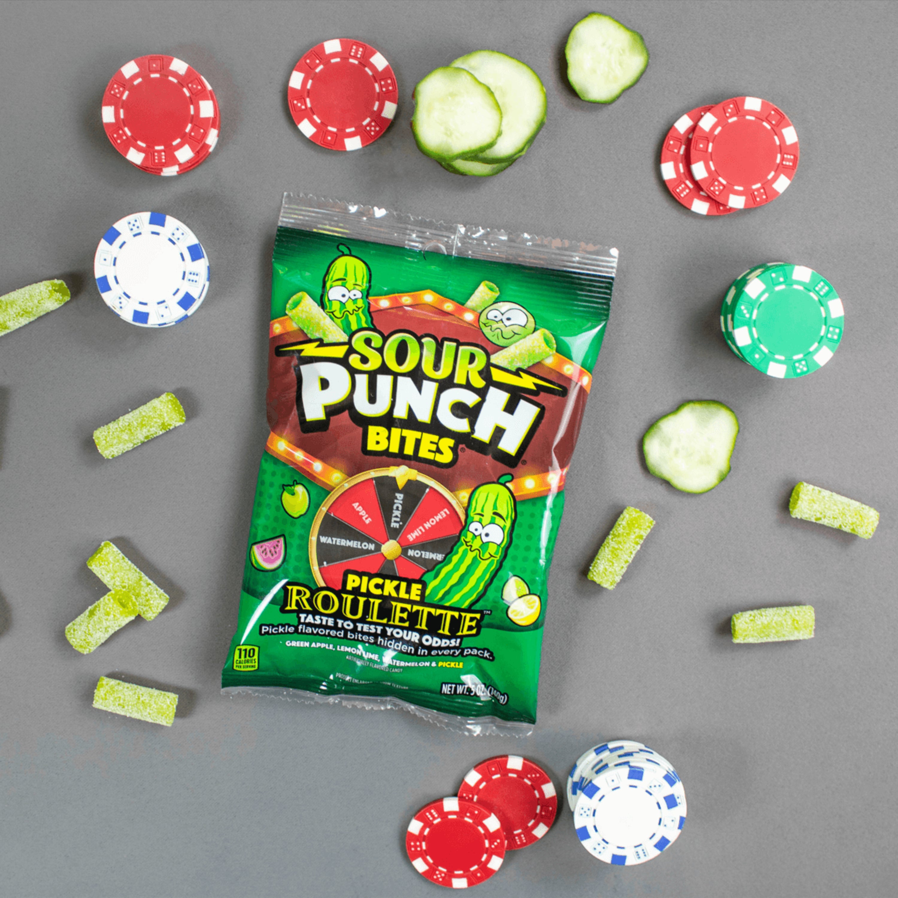 SOUR PUNCH Pickle Roulette Bites Bag with pickle candy bites, real pickles and roulette game chips