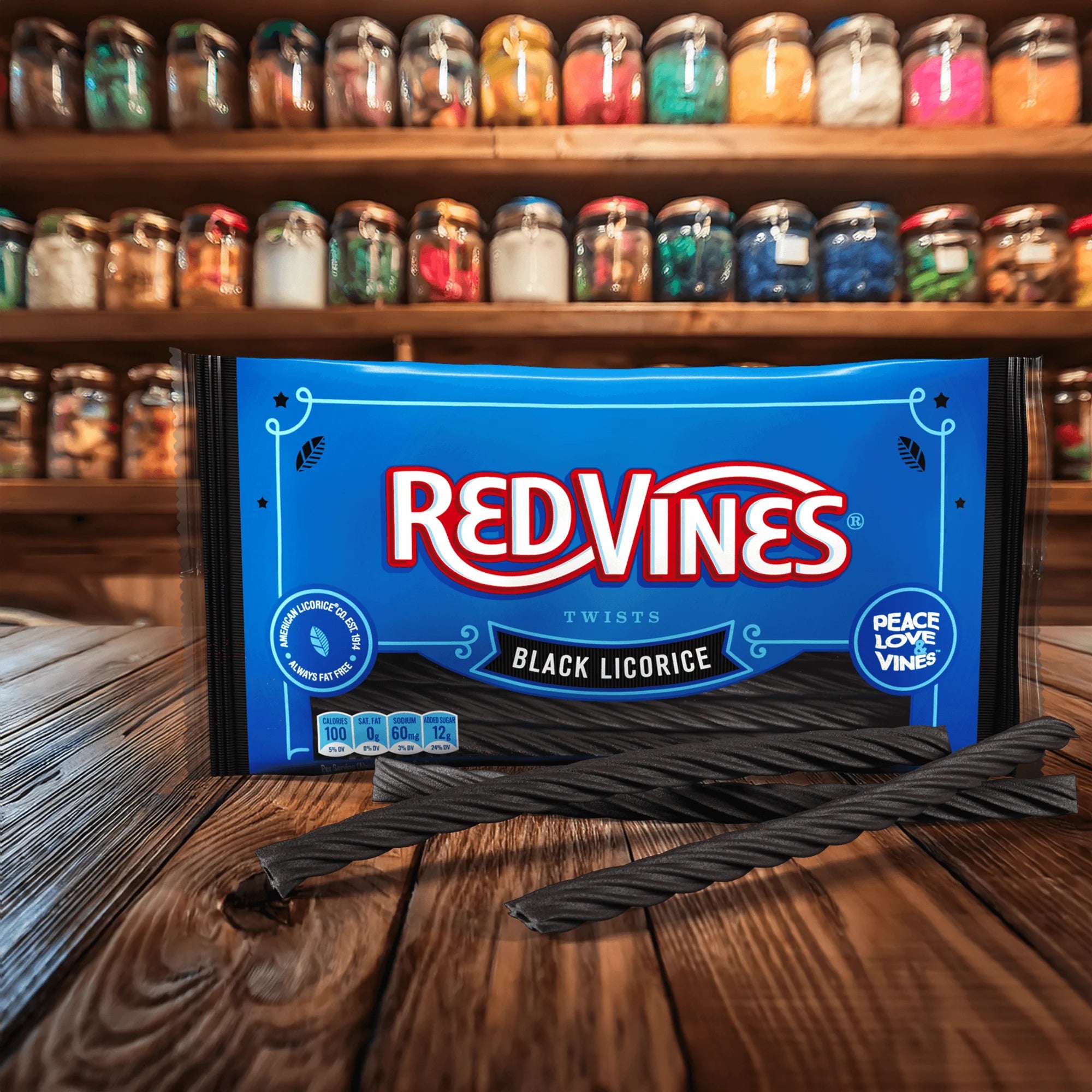 Bag of Red Vines Black Licorice on a old fashioned candy counter