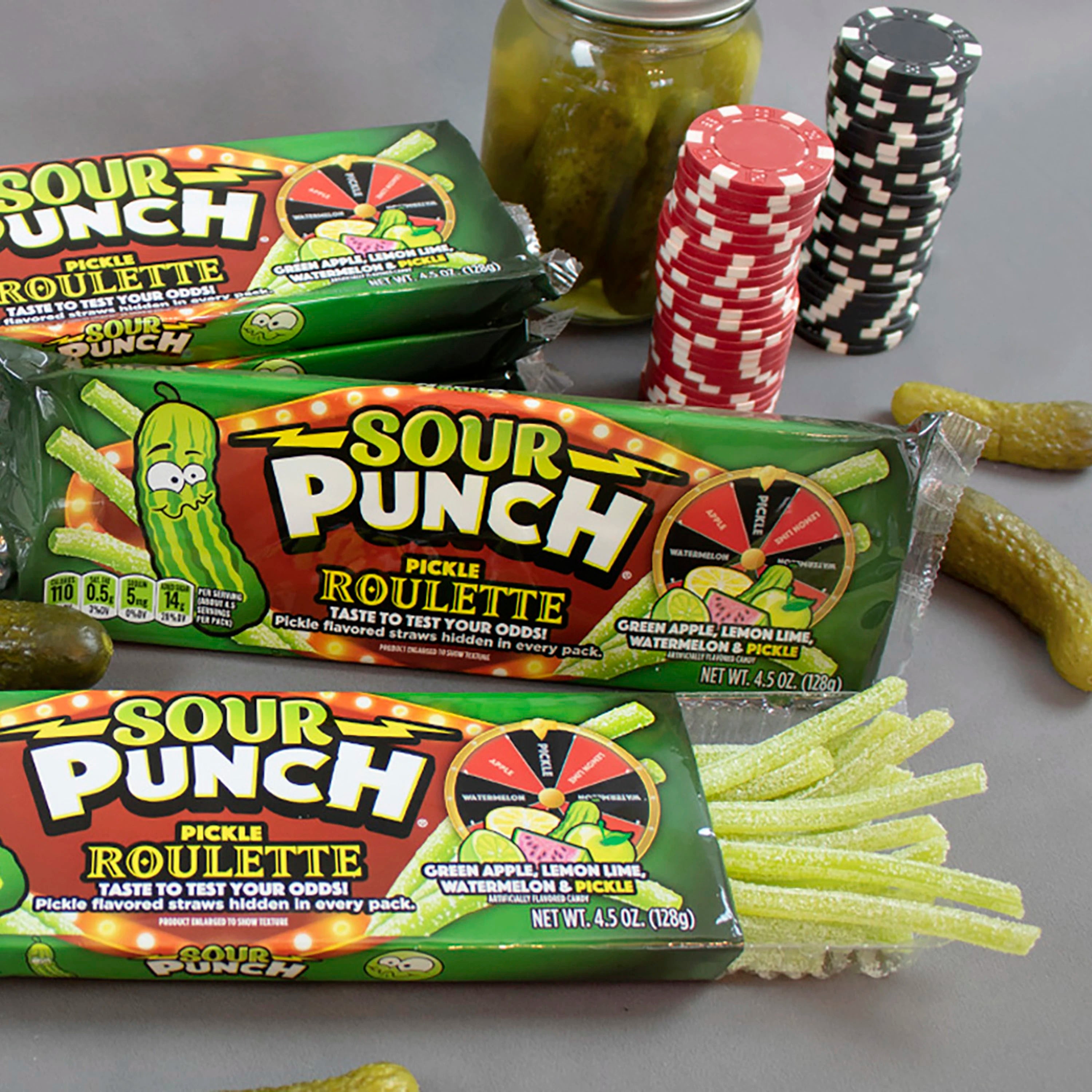 SOUR PUNCH Pickle Roulette Bites with real pickles and roulette game chips