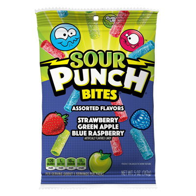 Front of Sour Punch Bites Bag of Assorted Sour Candy Straw Bites