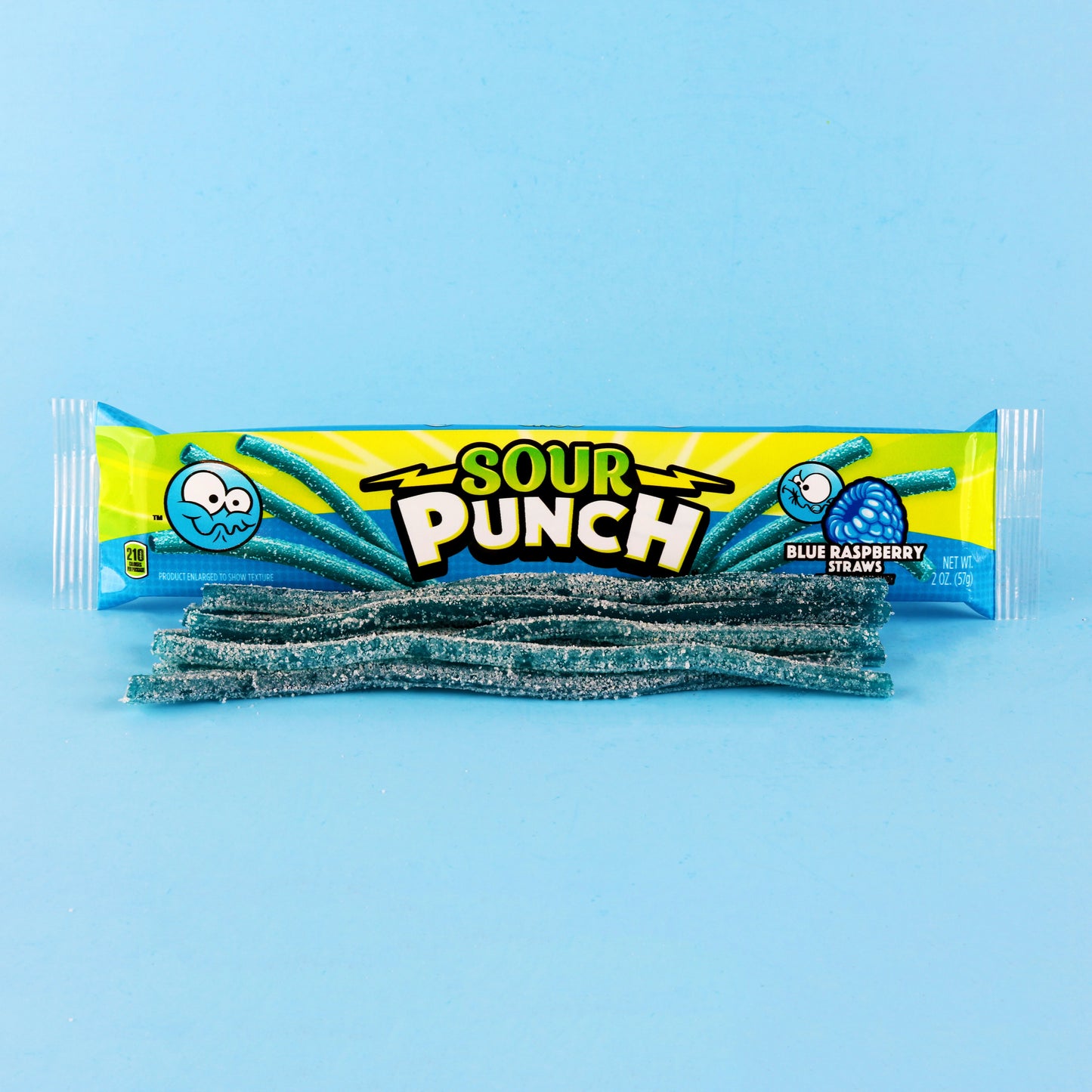 Sour Punch Blue Raspberry Candy Straws 2oz Tray on light blue background with straws out front 