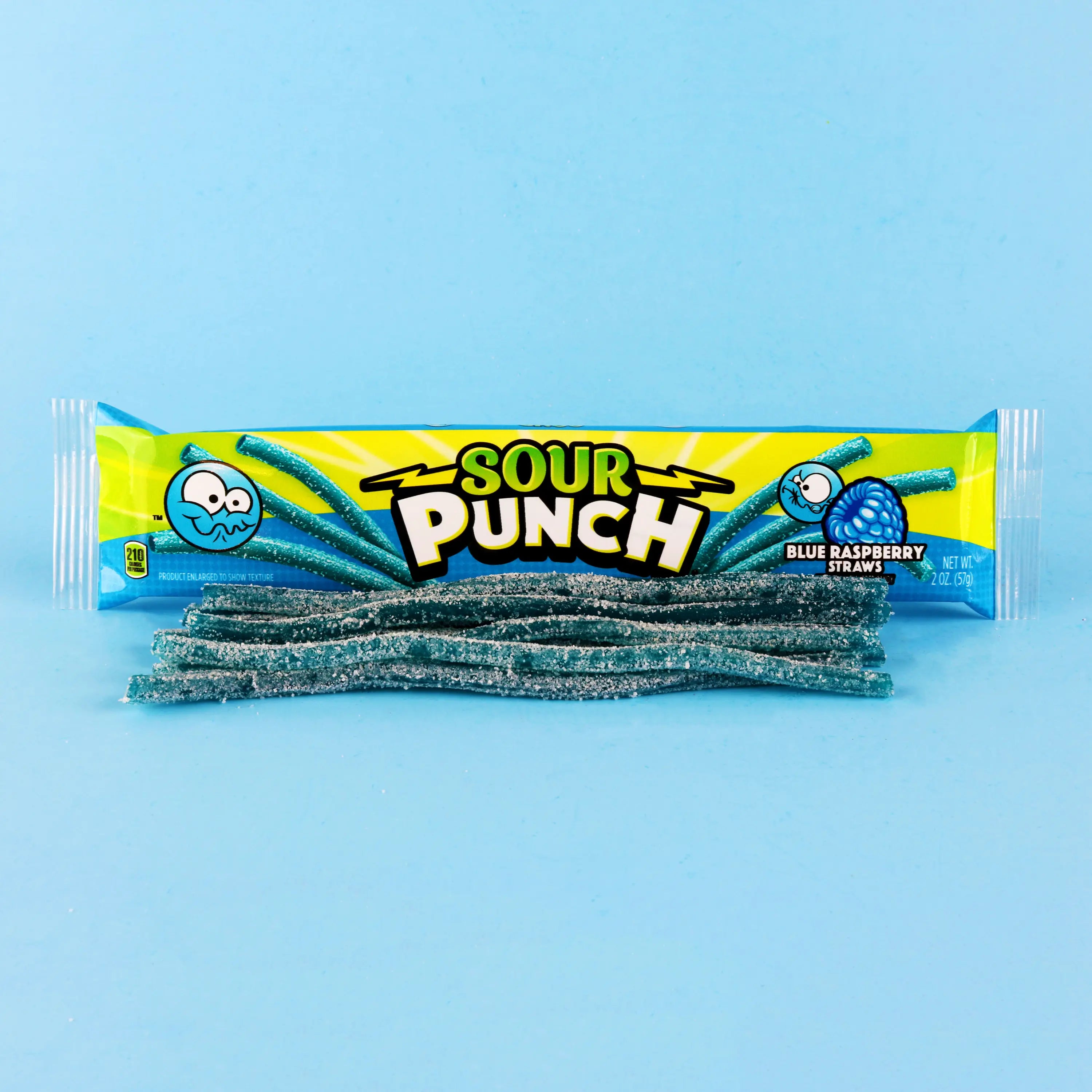 Sour Punch Blue Raspberry Candy Straws 2oz Tray on light blue background with straws out front 