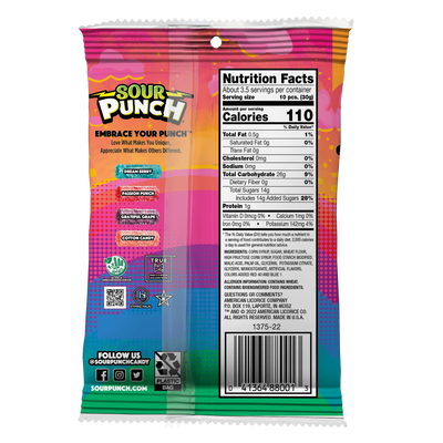 Back of Not So Sour Punch Sweet Bites candy in a 3.7oz bag with a nutritional facts label
