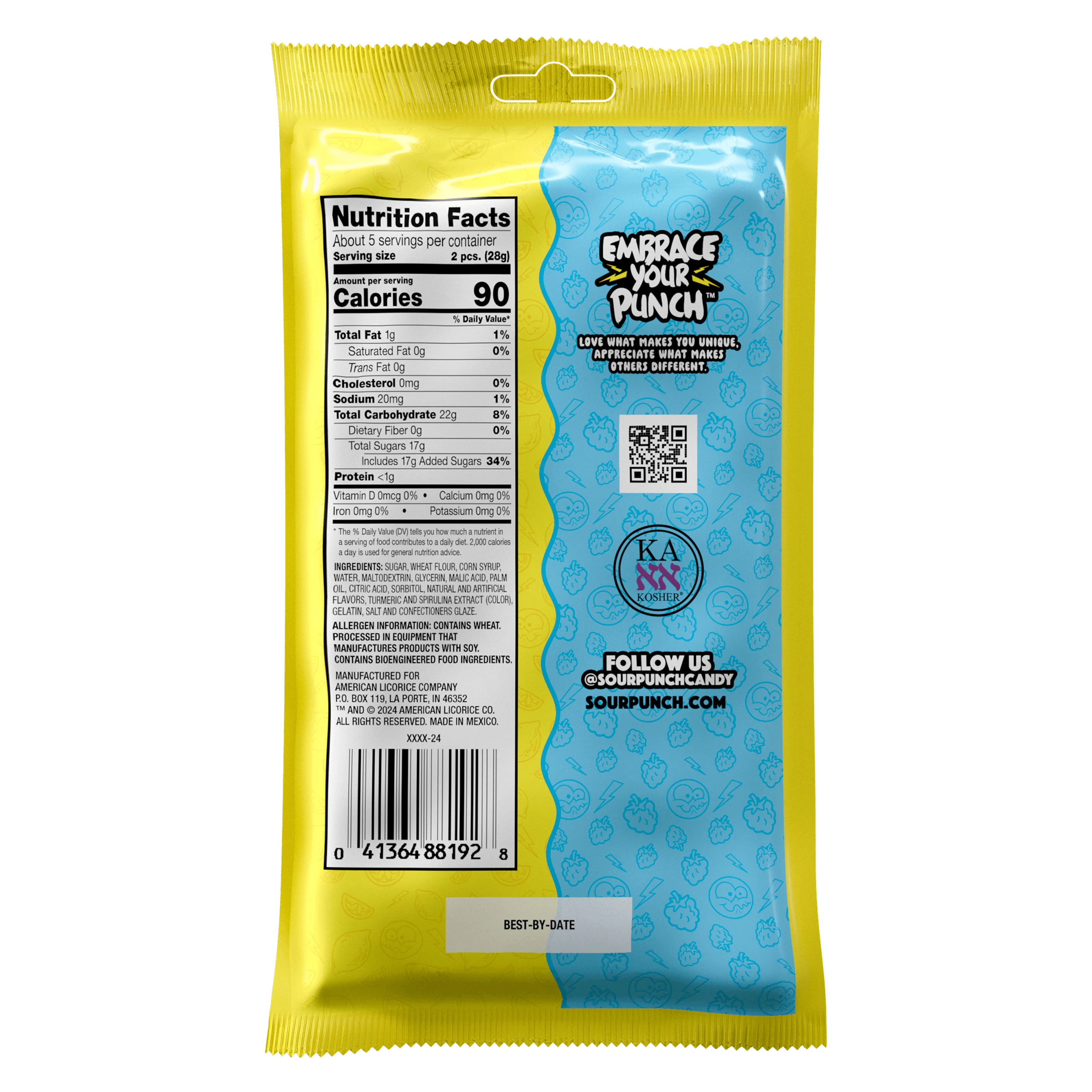 Back of Sour Punch Blue Raz Lemonade rope candy with filling 5oz bag