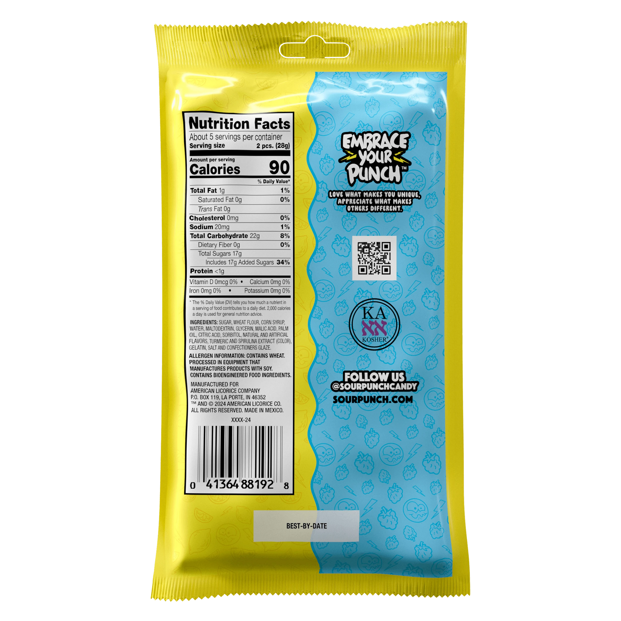 Back of Sour Punch Blue Raz Lemonade rope candy with filling 5oz bag