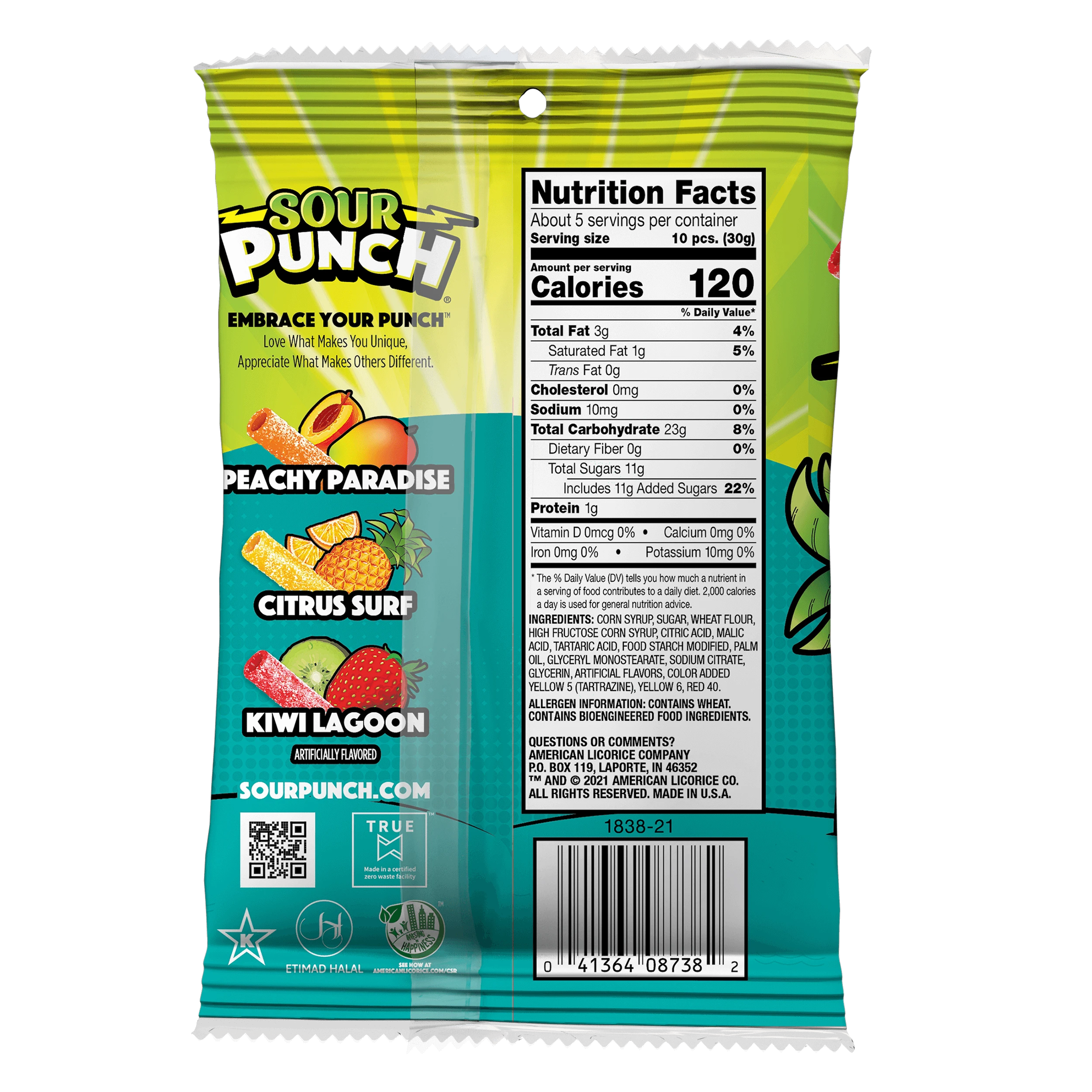 Sour Punch Tropical Flavor Bites Back of Package - Tropical Candies - Sour Punch Bites Tropical Blends