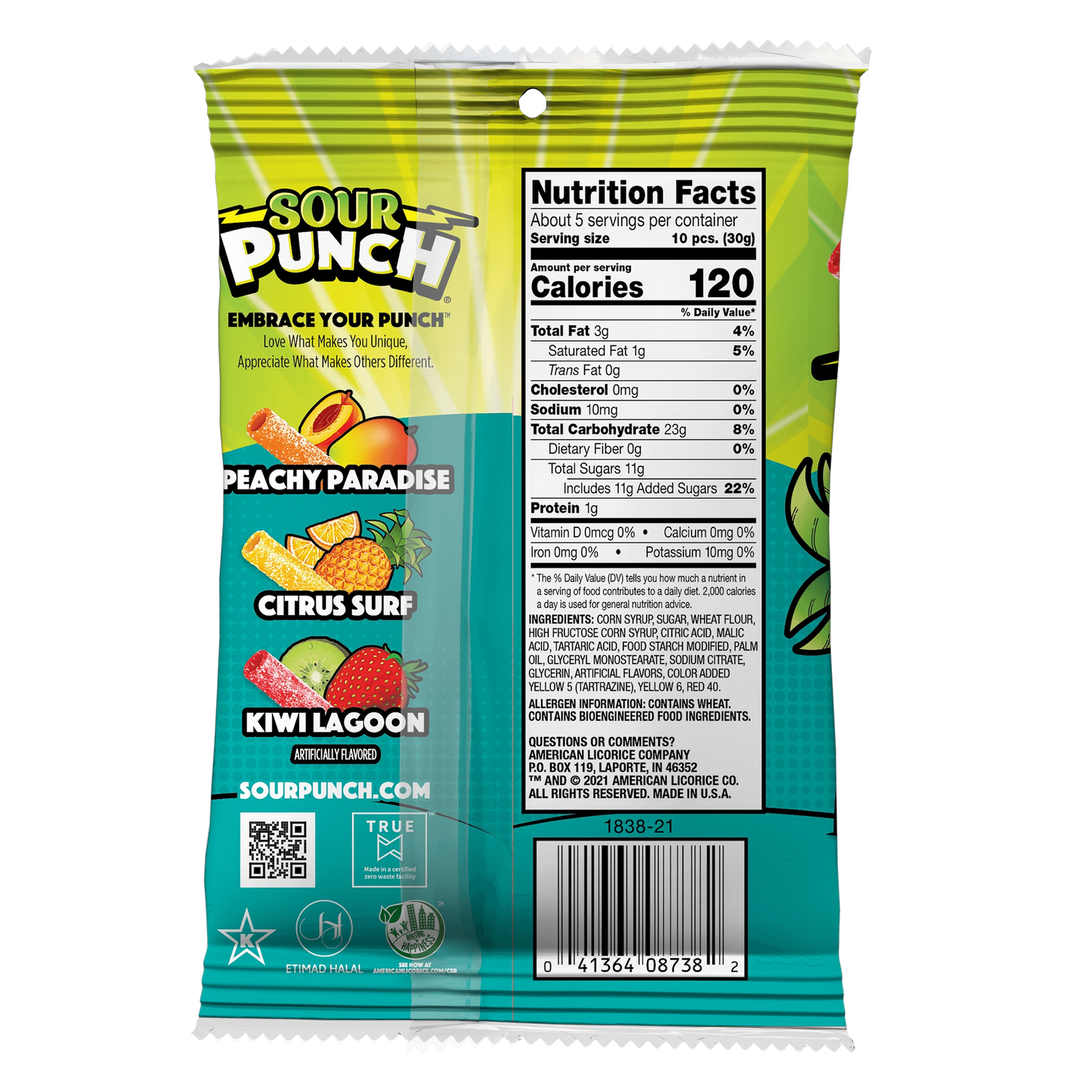 Sour Punch Tropical Flavor Bites Back of Package - Tropical Candies - Sour Punch Bites Tropical Blends