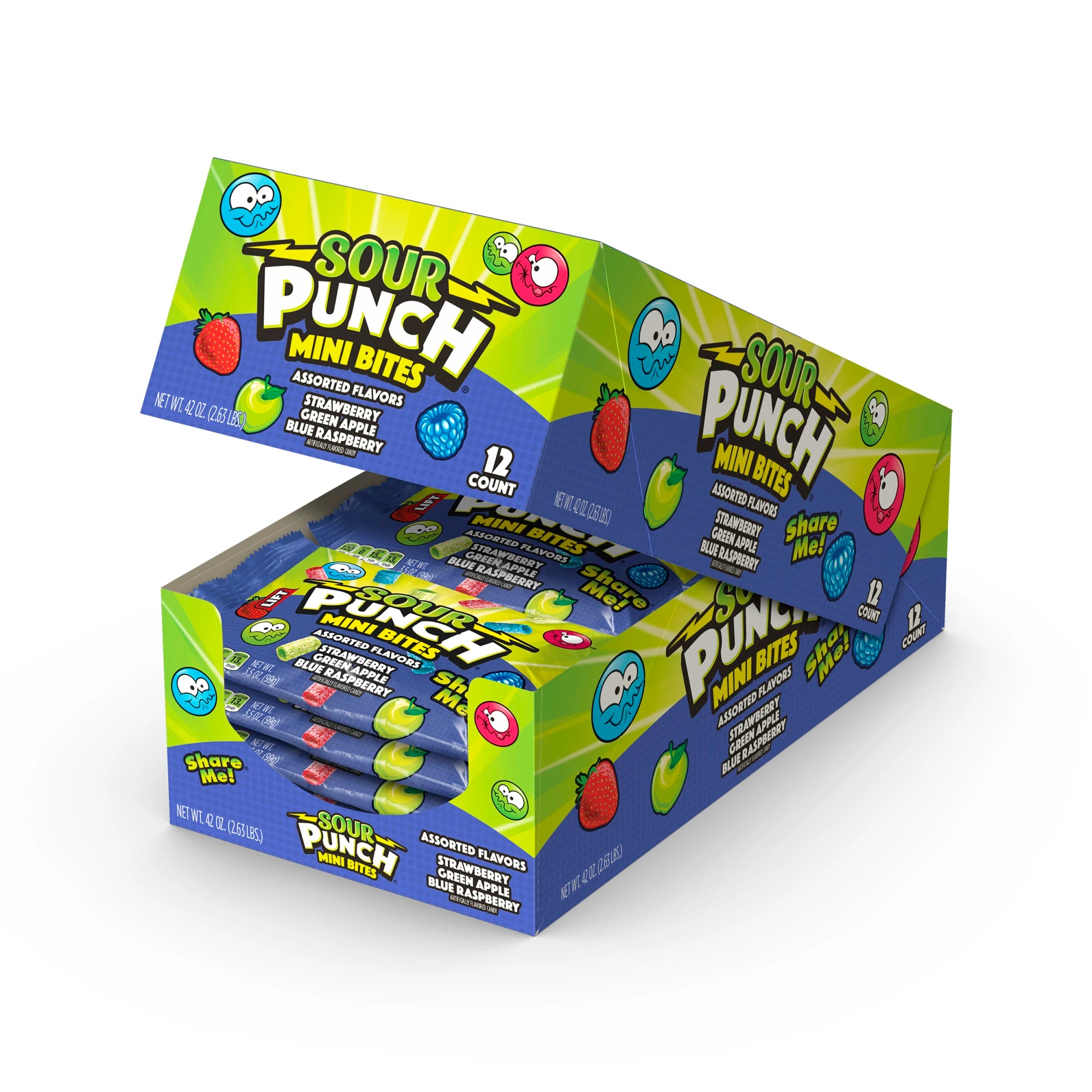 Open box of 12 Sour Punch Share Size Assorted Mini Bites 3.5oz Pouches