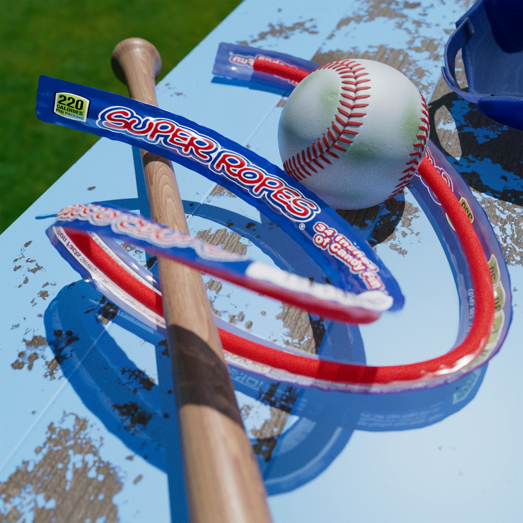 Super Ropes candy wrapped around a baseball and bat on a worn bench with grass in the background