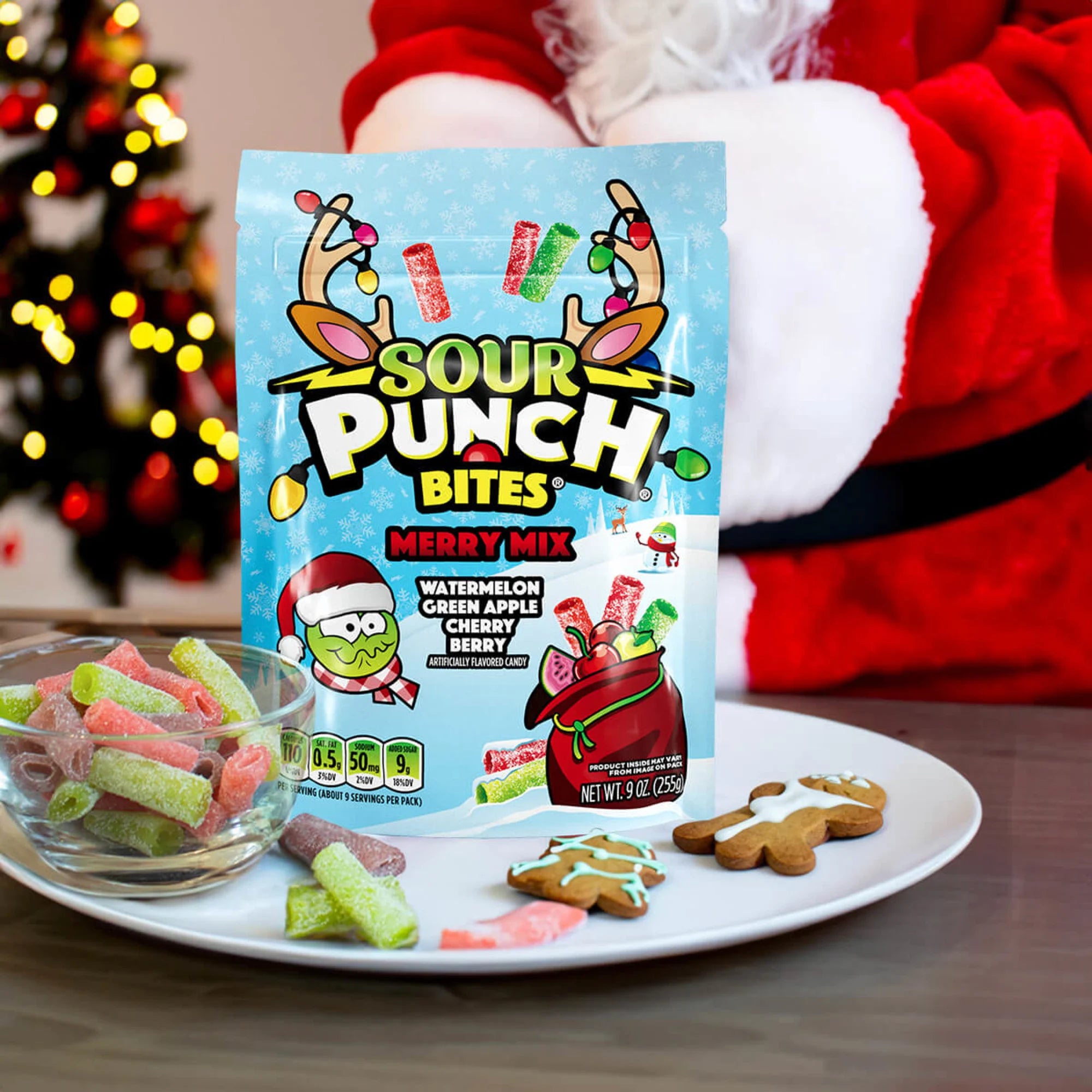 SOUR PUNCH Merry Mix Bites holiday candy on a tray with cookies