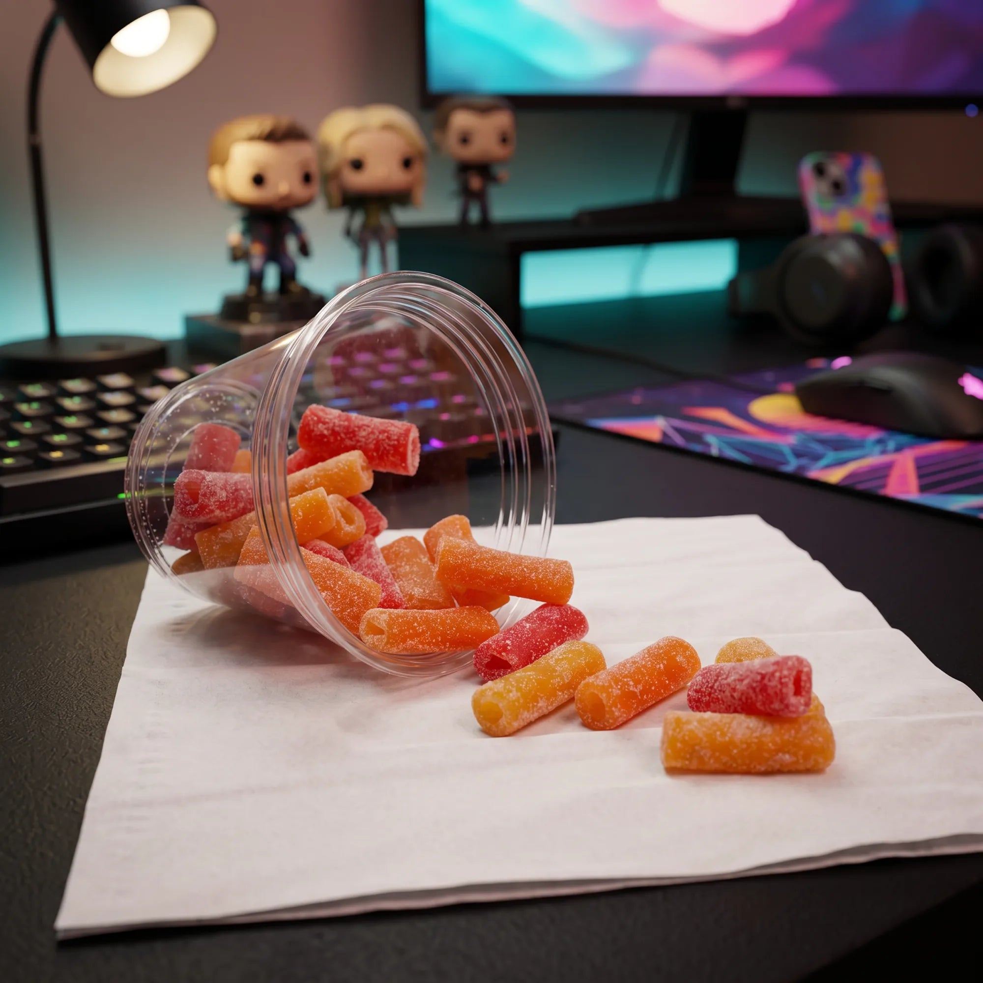 Tropical sour candy bites spilling out of a snack cup on a desk with figurines and a computer in the background.