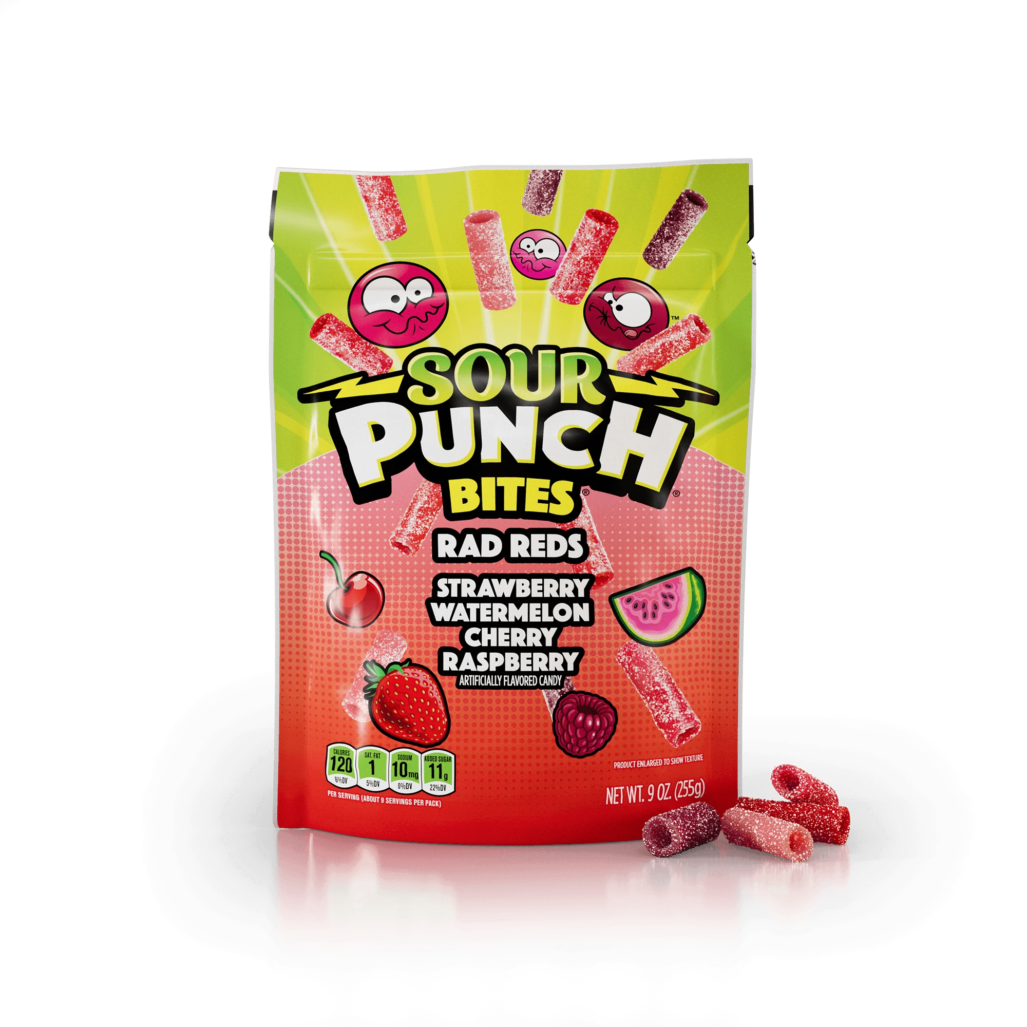 Sour Punch Bites Rad Reds share size bag with different shades of red candy bites in front