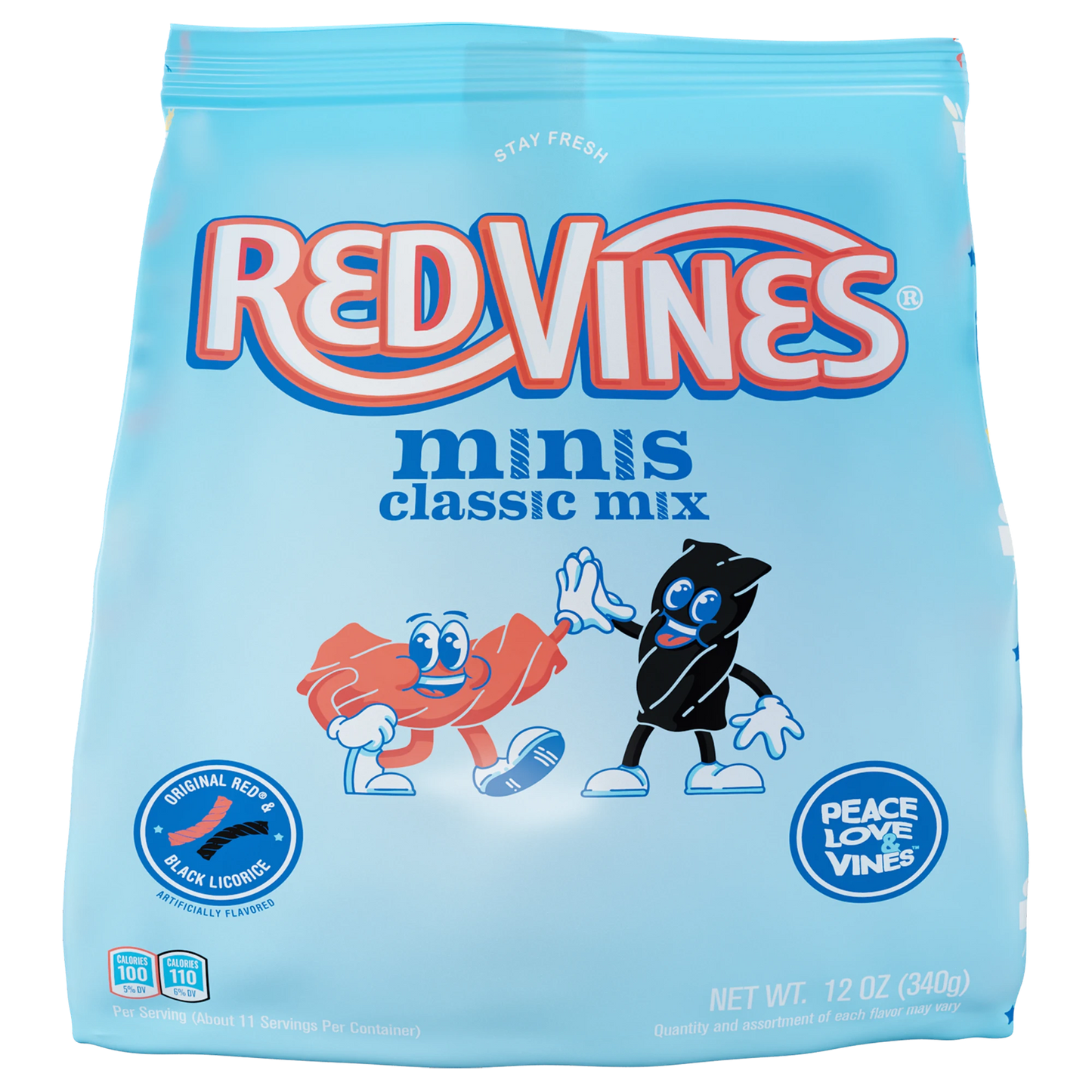 Front of Red Vines Red and Black Licorice Classic Mix Minis 12oz Bag