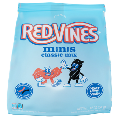 Front of Red Vines Red and Black Licorice Classic Mix Minis 12oz Bag