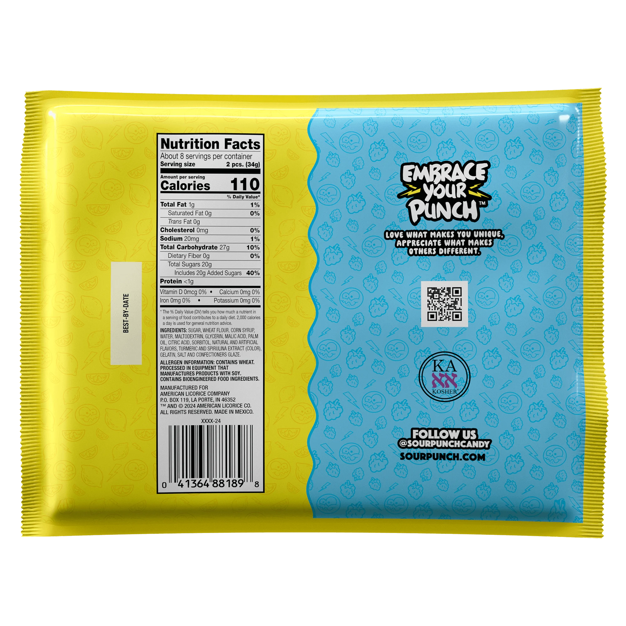 Back of Sour Punch Blue Raz Lemonade Filled Rope Candy 9oz Bag