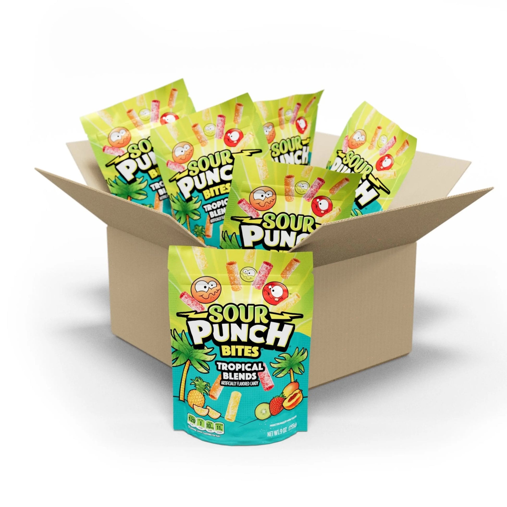 6 Count box of Sour Punch Bites Tropical Blends Candy 9oz bags