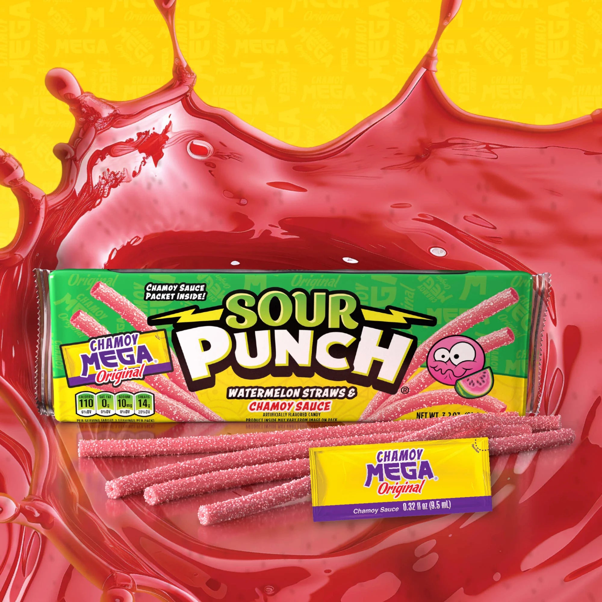 Sour Punch watermelon straws and chamoy sauce packaging with red and yellow background