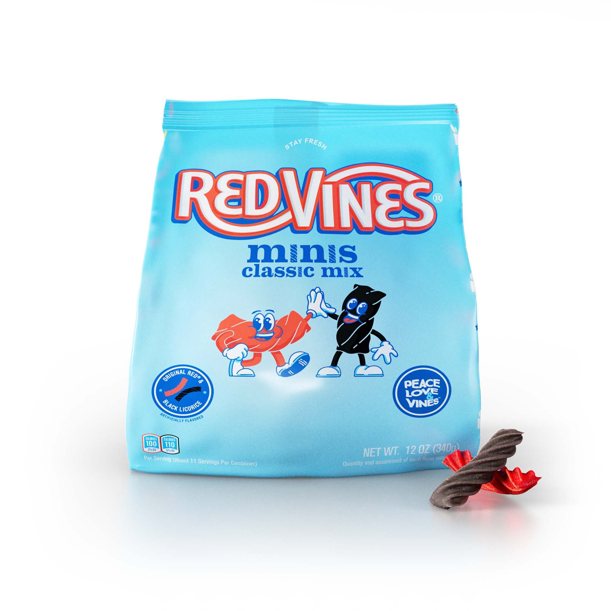 Red Vines Classic Mix Minis 12oz Bag with red and black licorice mini licorice pieces in front of bag