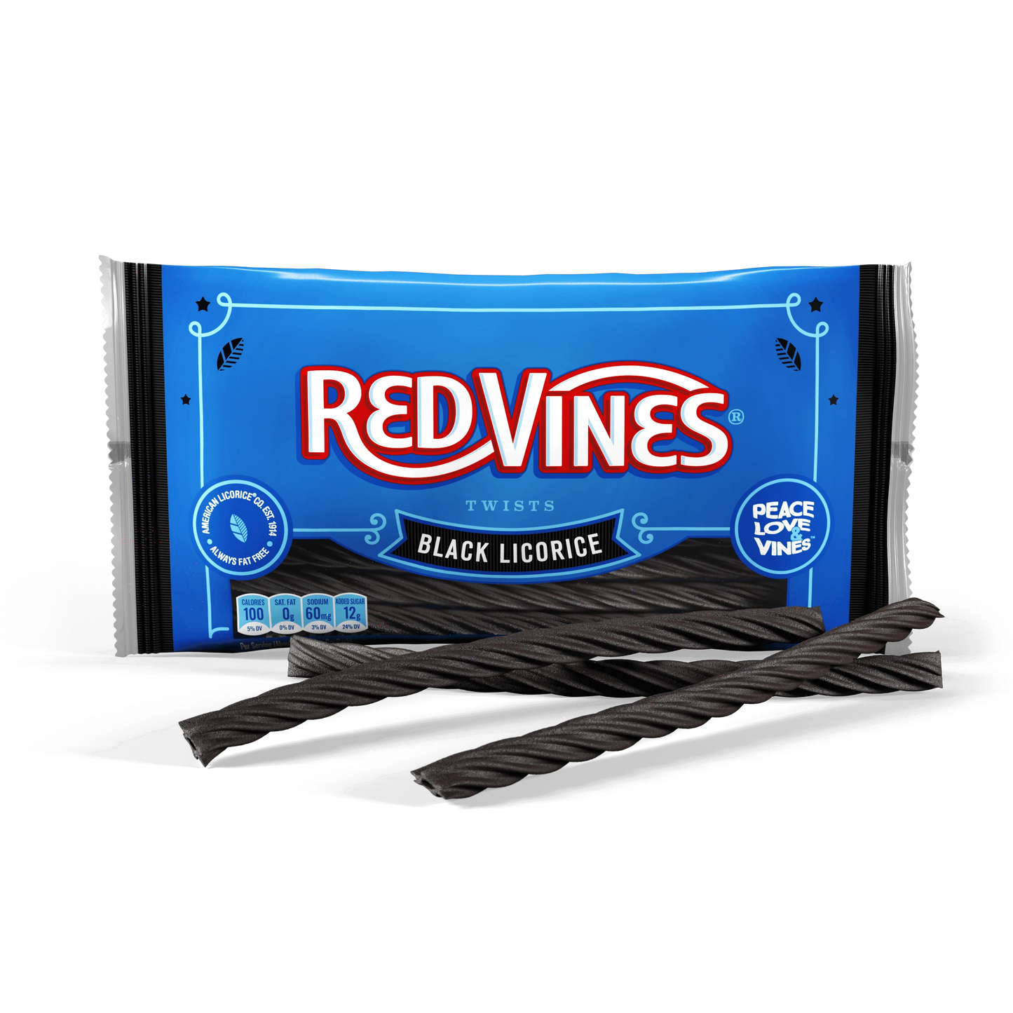 RED VINES Black Licorice Twists front of 14oz bag with chewy black licorice twists in front