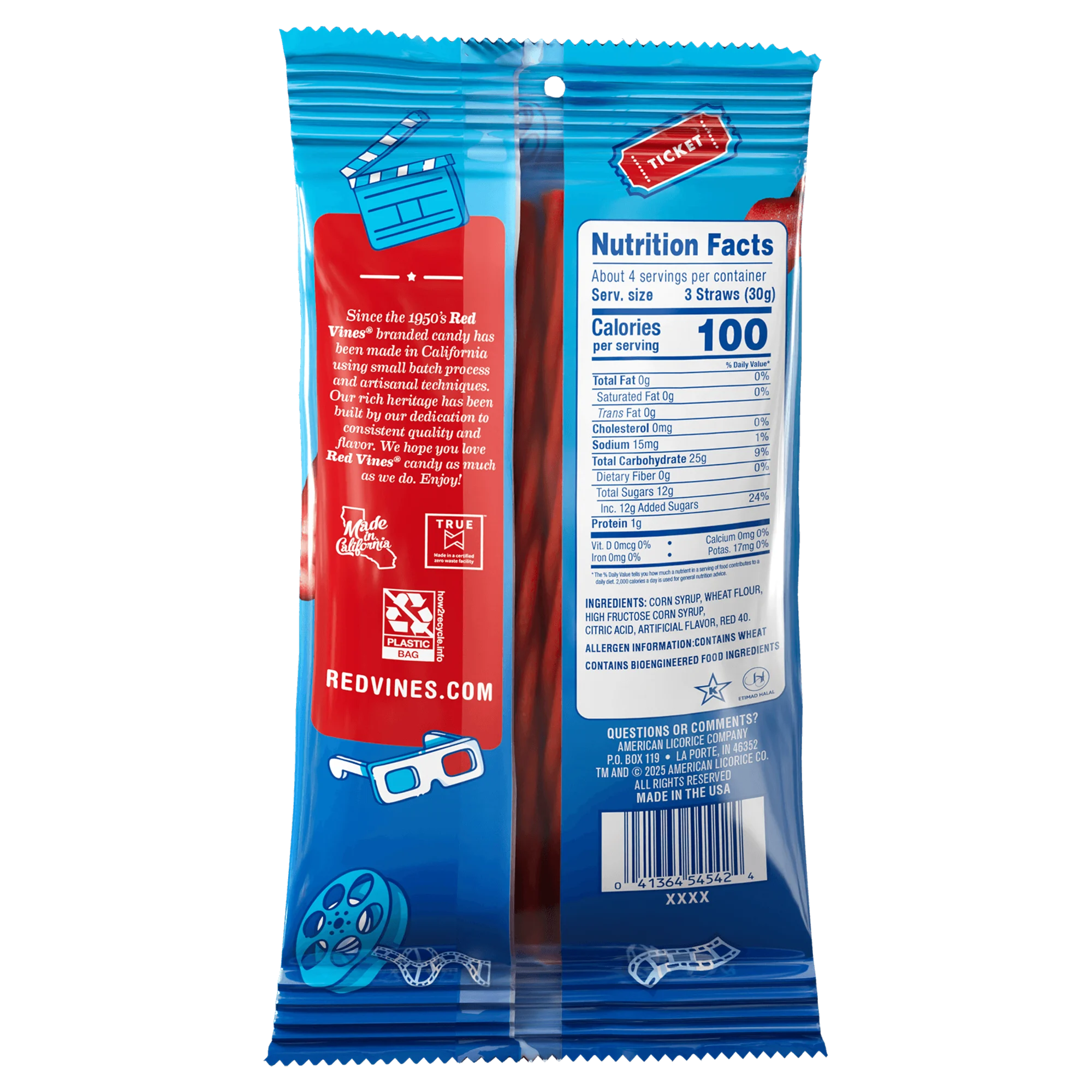 Back of Red Vines Original Red Twisted Vines 4oz Bag