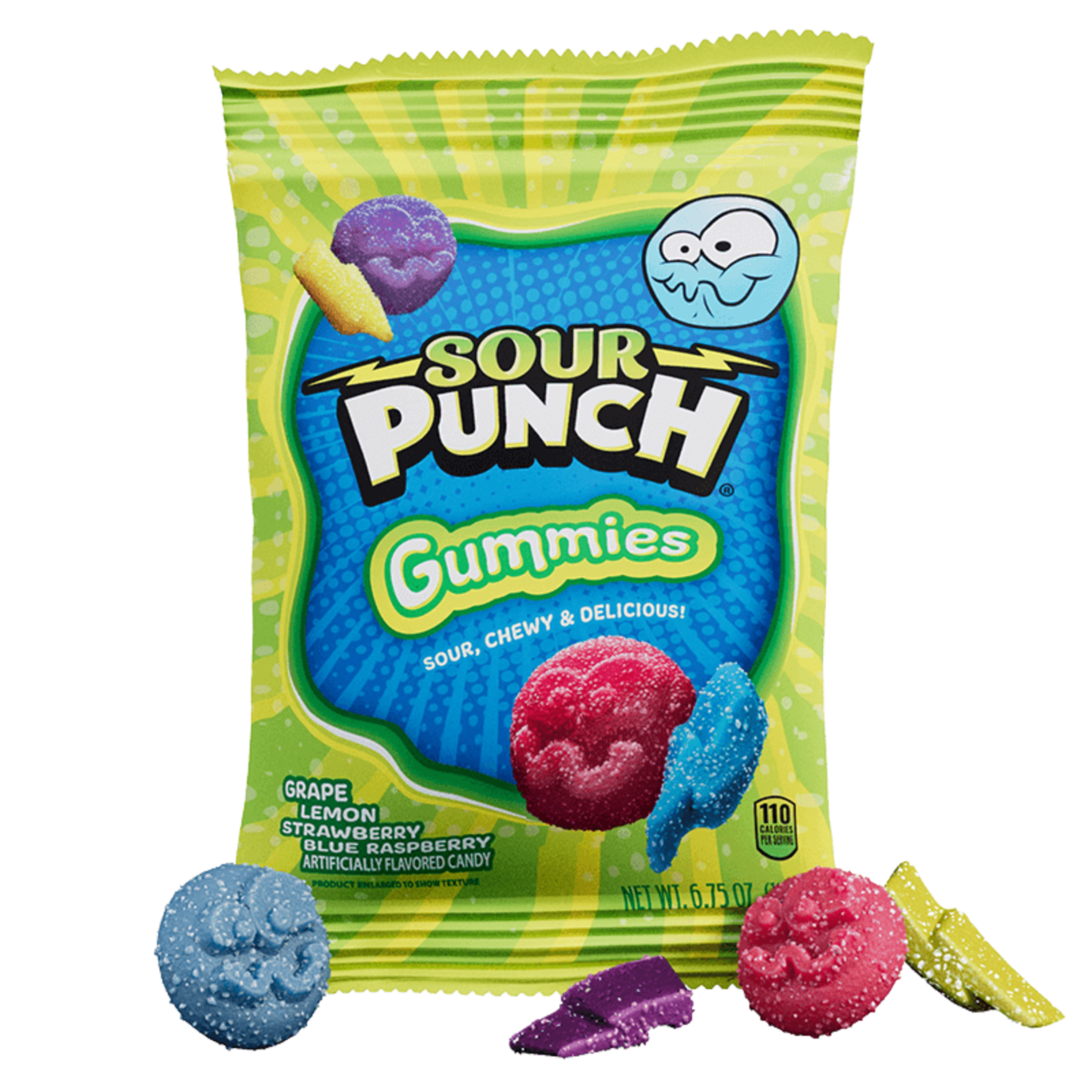 Sour Punch Gummies 6.75oz bag with raw candy shapes in front of the bag