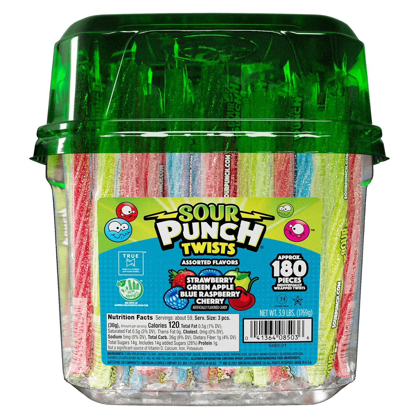 Sour Punch Twists Front of Tub - Sour Twist Candy - 6-inch Individually wrapped candy