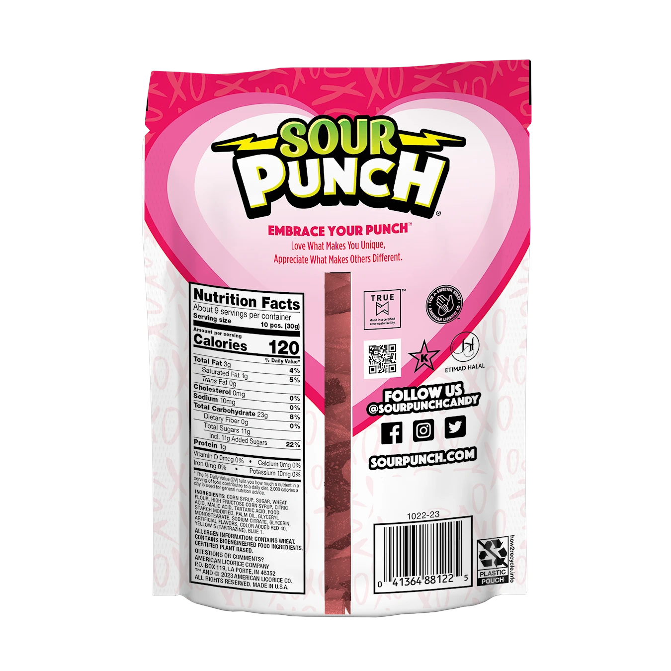 Back of SOUR PUNCH Rad Reds Valentine's Day Candy Bites 9oz bag