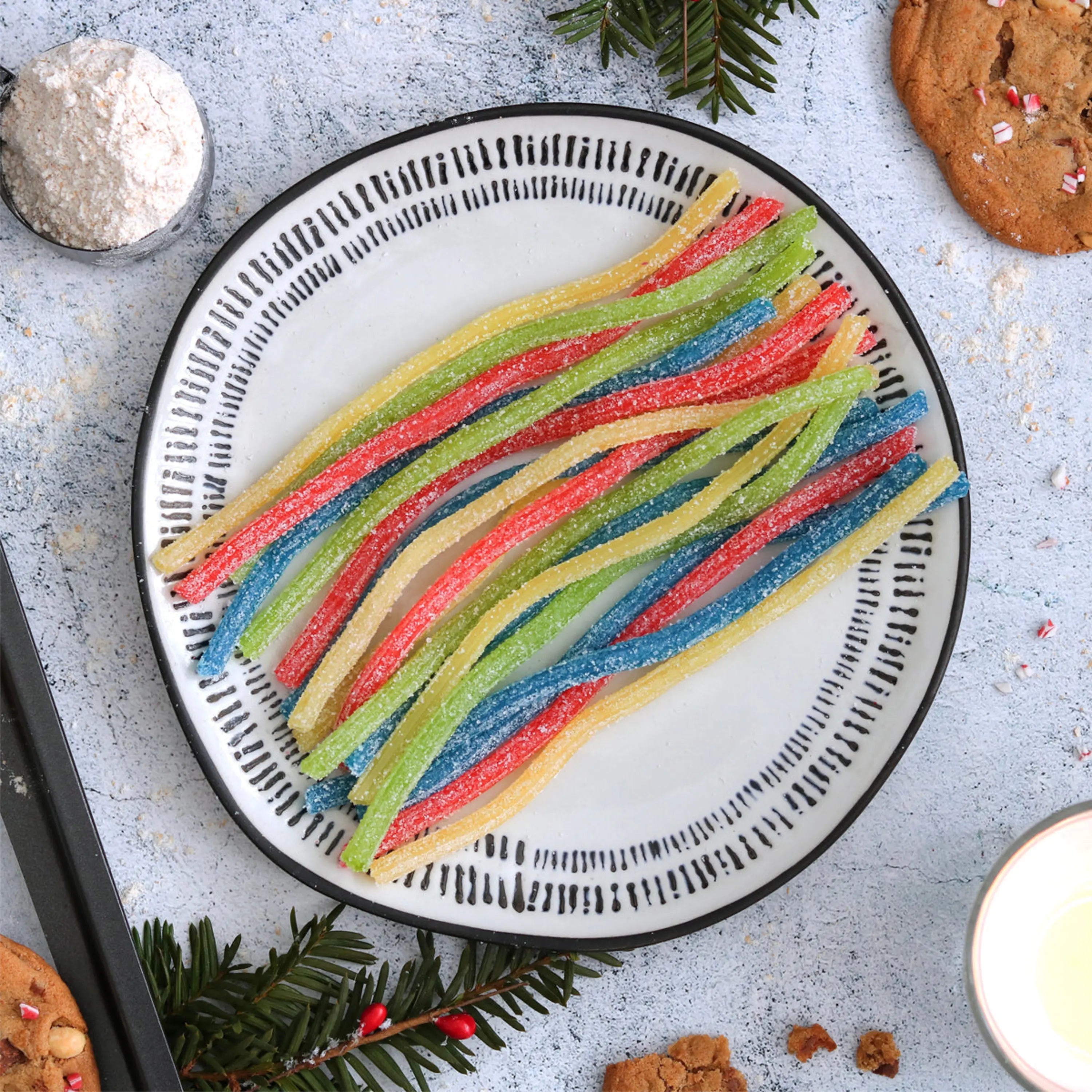 Sour Rainbow Candy with holiday cookies