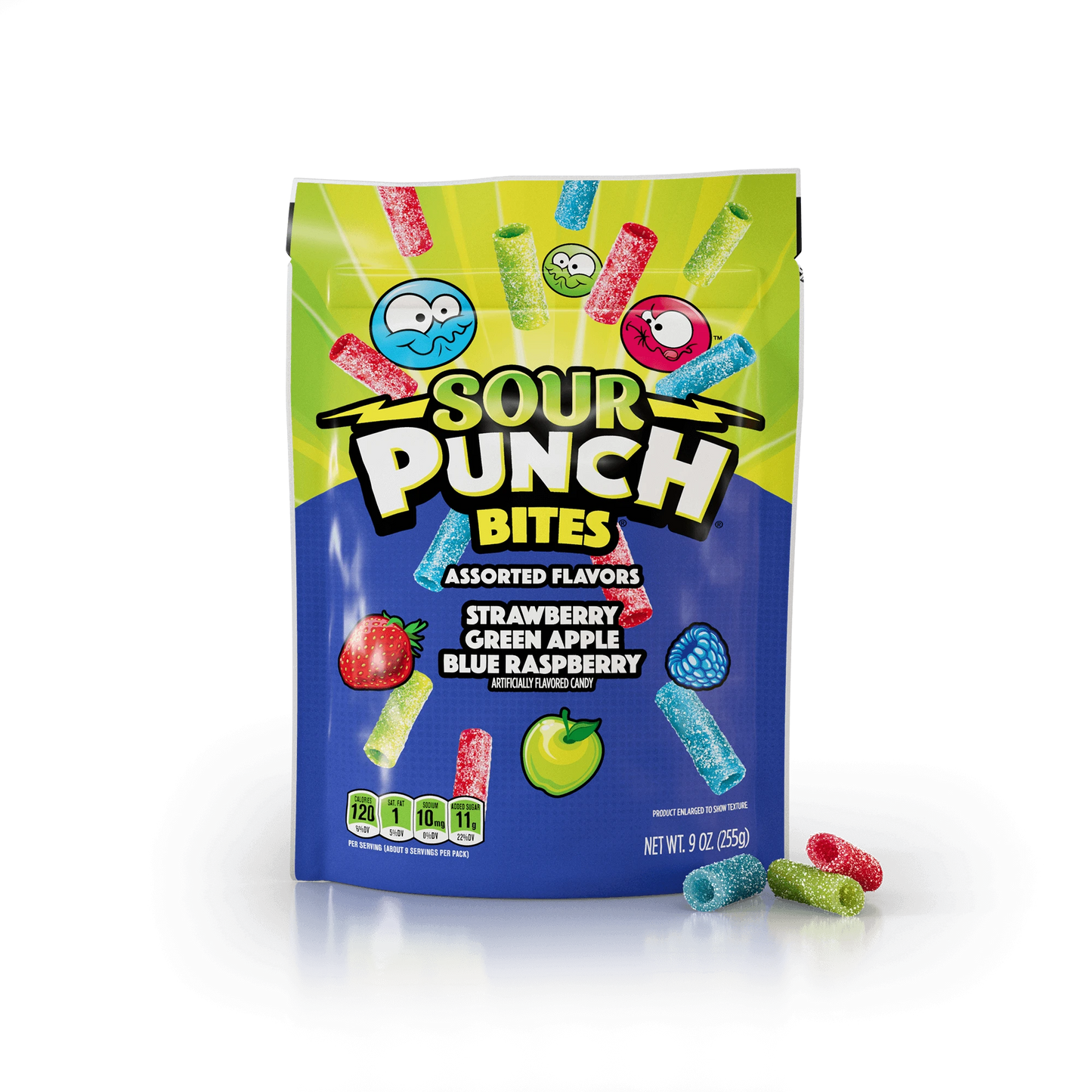 Sour Punch Bites Share Size Bag with assorted red, blue, and green sour candy pieces in front